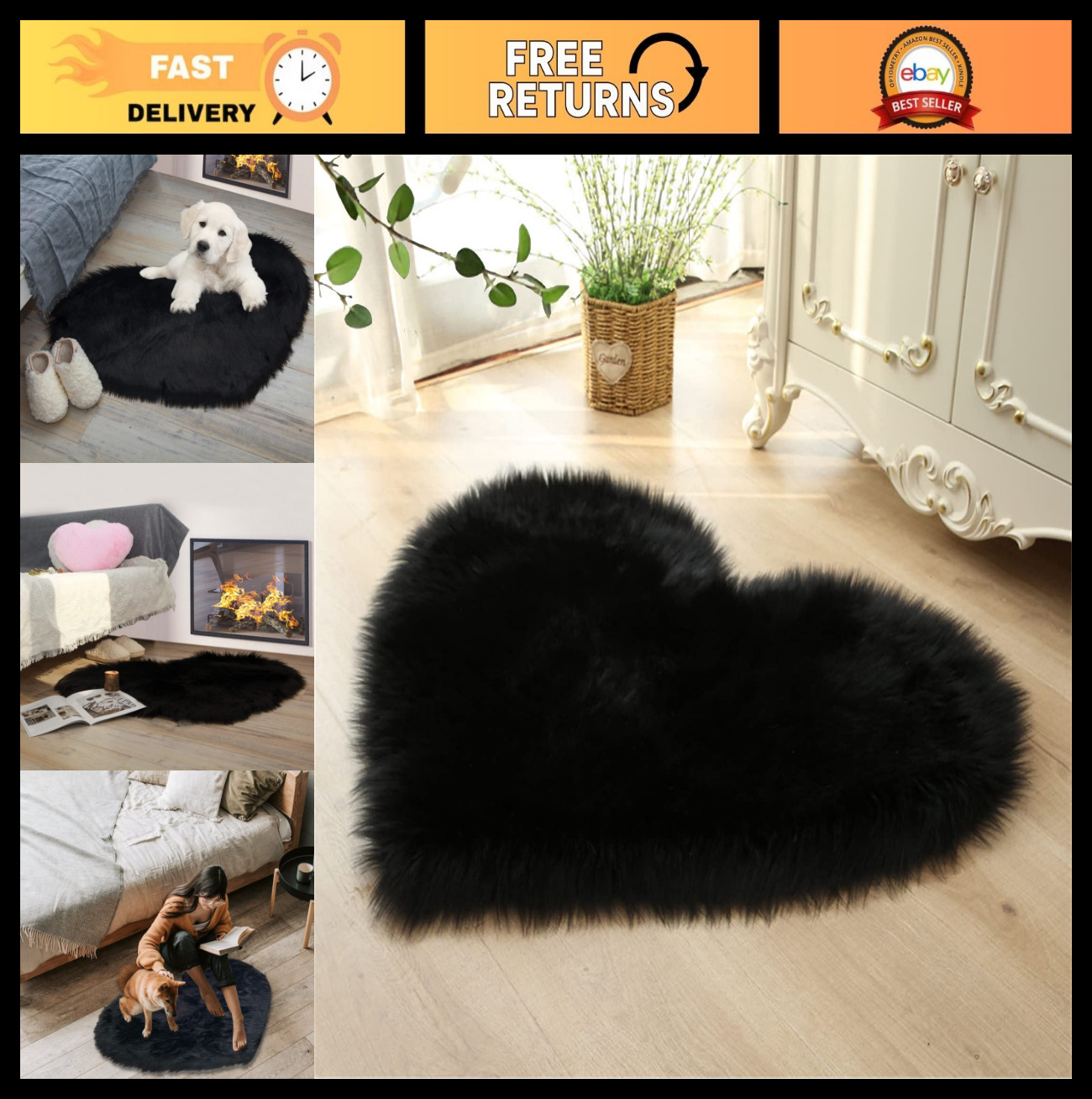 Fluffy Black Heart Shaped Rug, Soft Faux Fur Shag Mat for Bedroom & Living Room