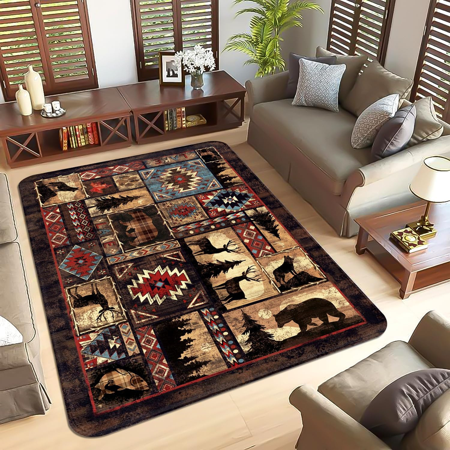 5×7 Rustic Bear Area Rug Non-Slip Cabin Lodge Moose Deer Farmhouse Carpet