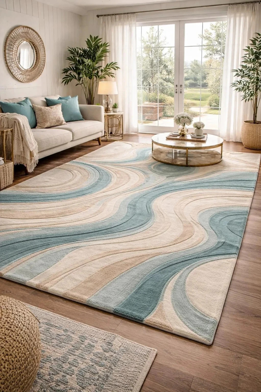 Hand-Tufted Wool Area Rug Abstract Wave Beige & Teal for Living Room Carpet