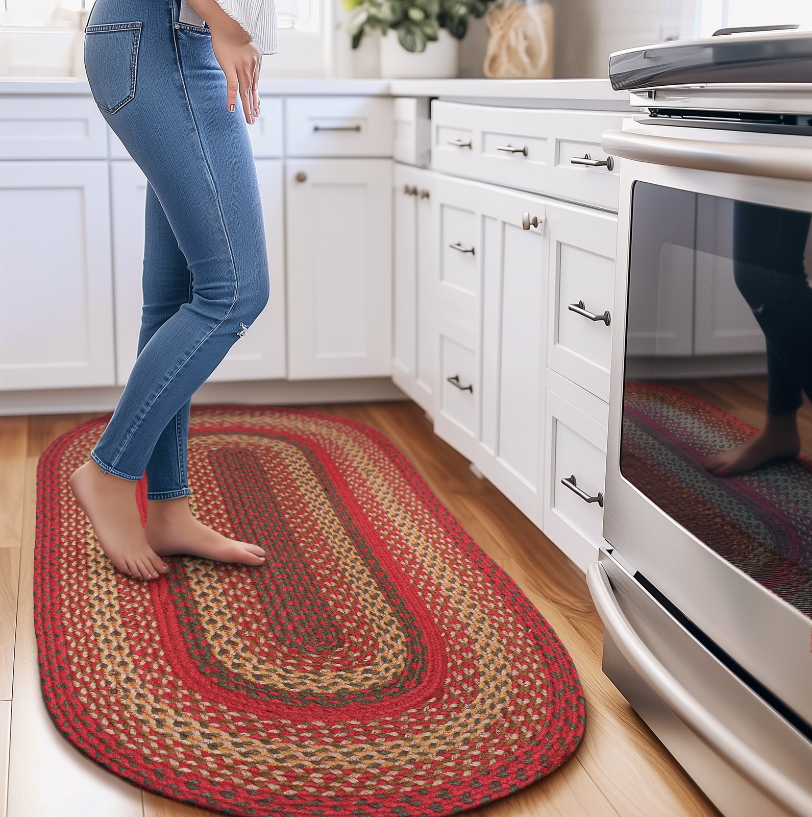 Red Braided Farmhouse Jute Rug in Rectangles Oval Runner for Kitchen