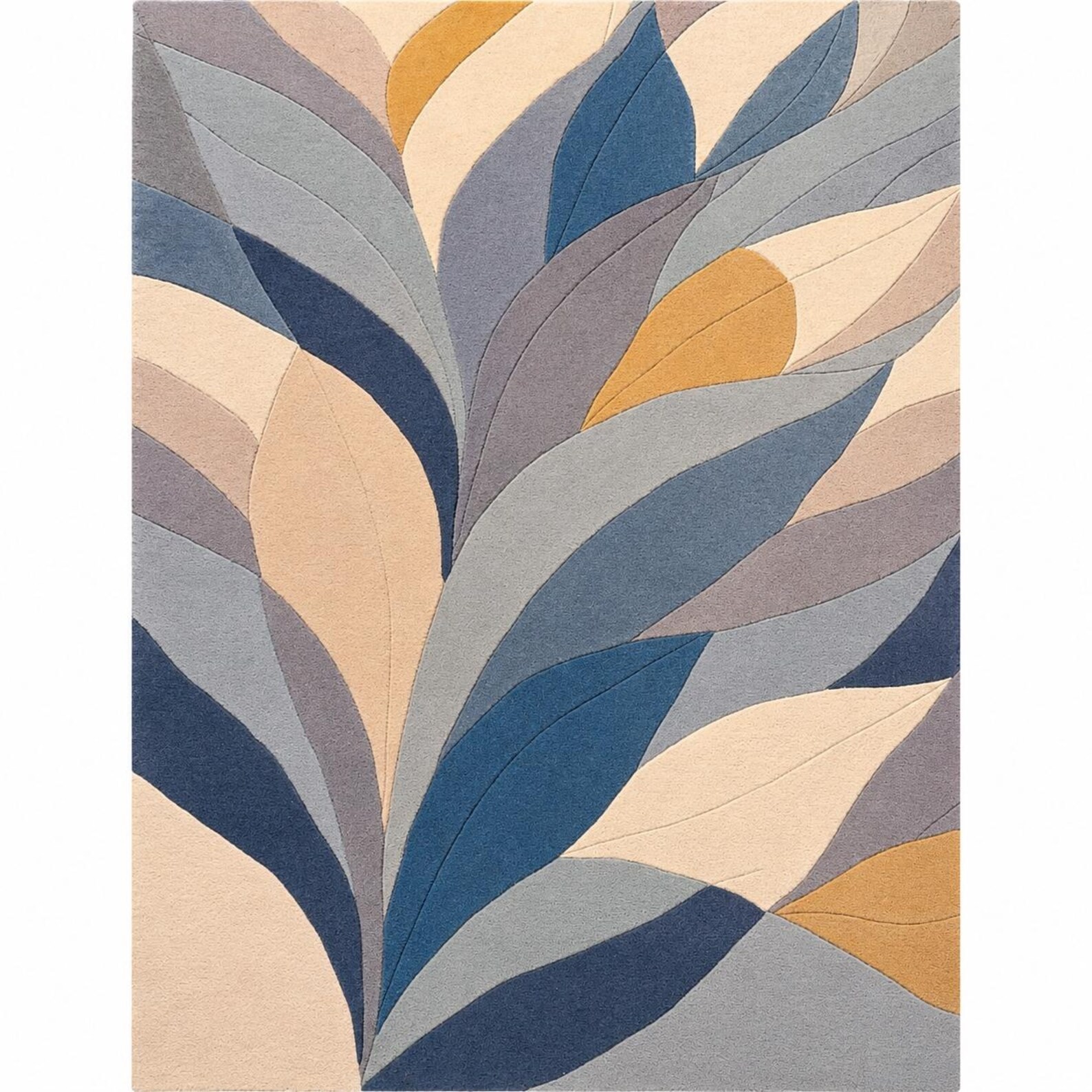 Hand Tufted Wool Area Rug, Abstract Leaf Design, Blue Beige Contemporary Carpet