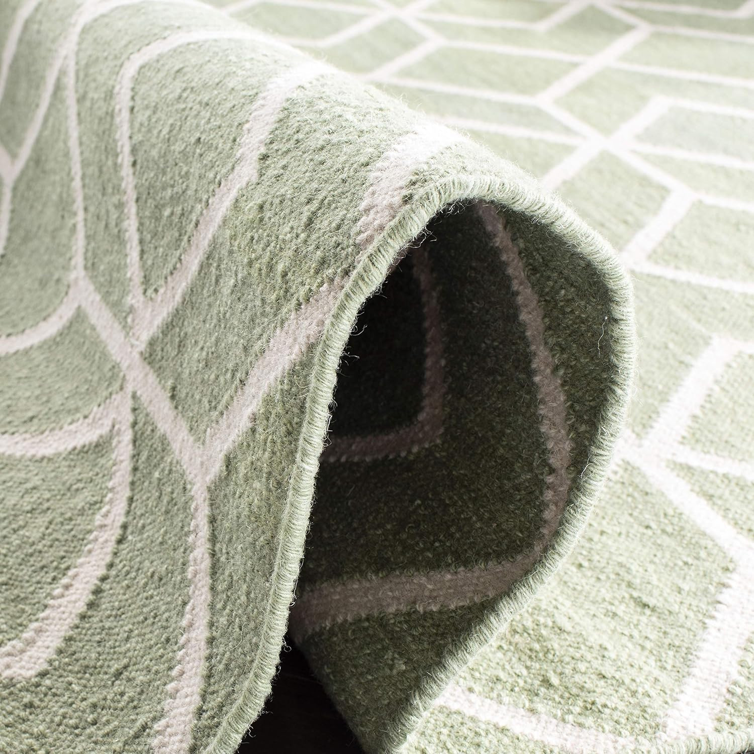 Handmade Wool Dhurries Area Rug – 6′ Square, Sage & Ivory for High Traffic Areas