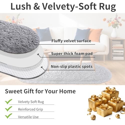 Fluffy Rugs for Bedroom Living Room,2.6’X5.3′ Oval 2’7″ x 5’3″ (Oval) Grey