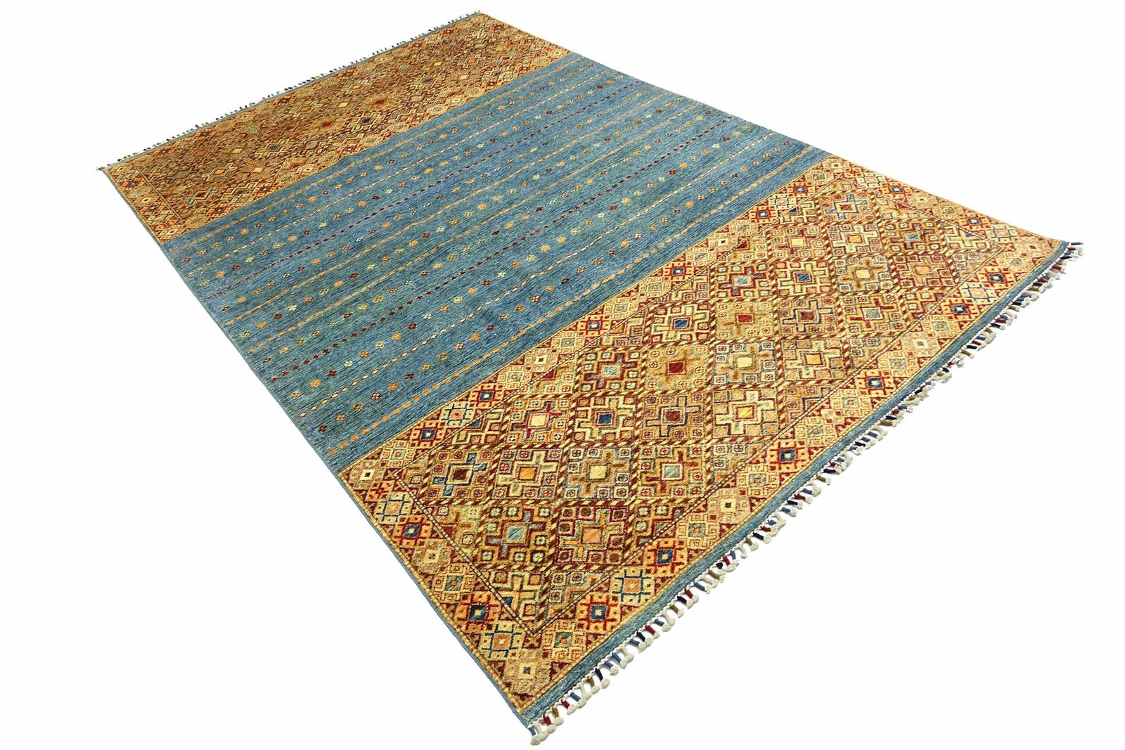 Afghan Khorjin Shaal Carpet Hand-knotted 200×300 Blue Stripes Wool Short Pile
