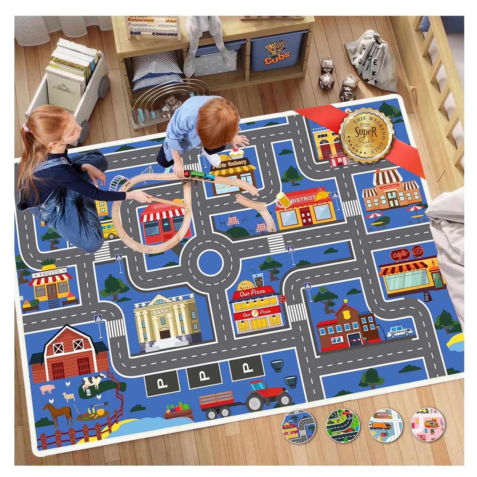 Play Mat Kids Rug for Boys and Girls, 31x47in Non-Slip Playroom Rug Car Rugs