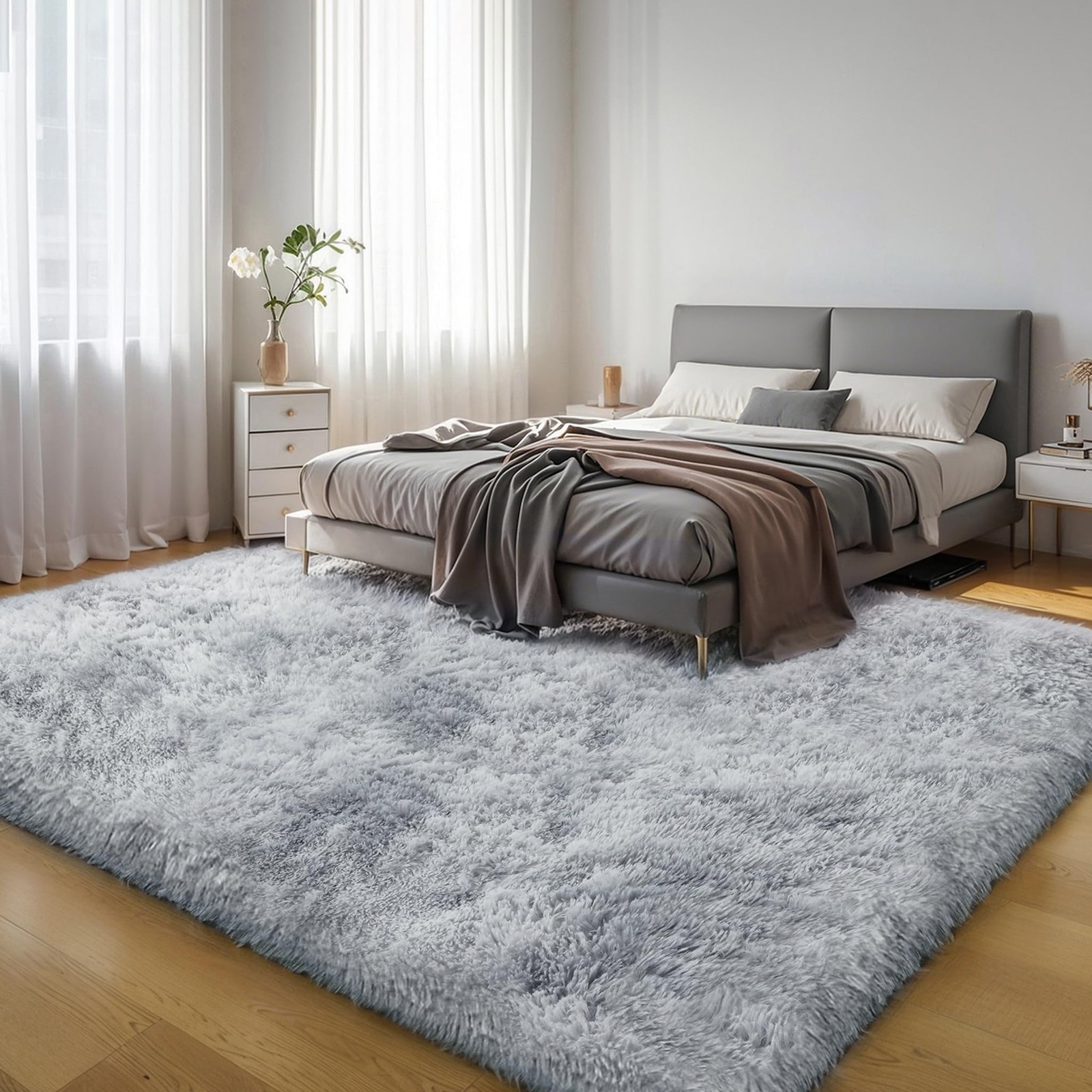 Thick Area Rug Light Grey Fluffy Shag 3×5 for Bedroom, Soft Plush Fuzzy Shagg…
