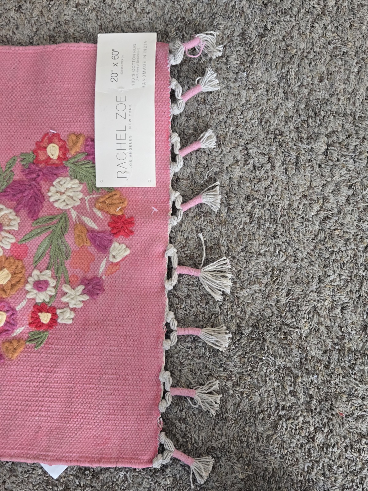 Rachel Zoe 100% Cotton Embroidered Rug 20”x60” New Made In India Pink