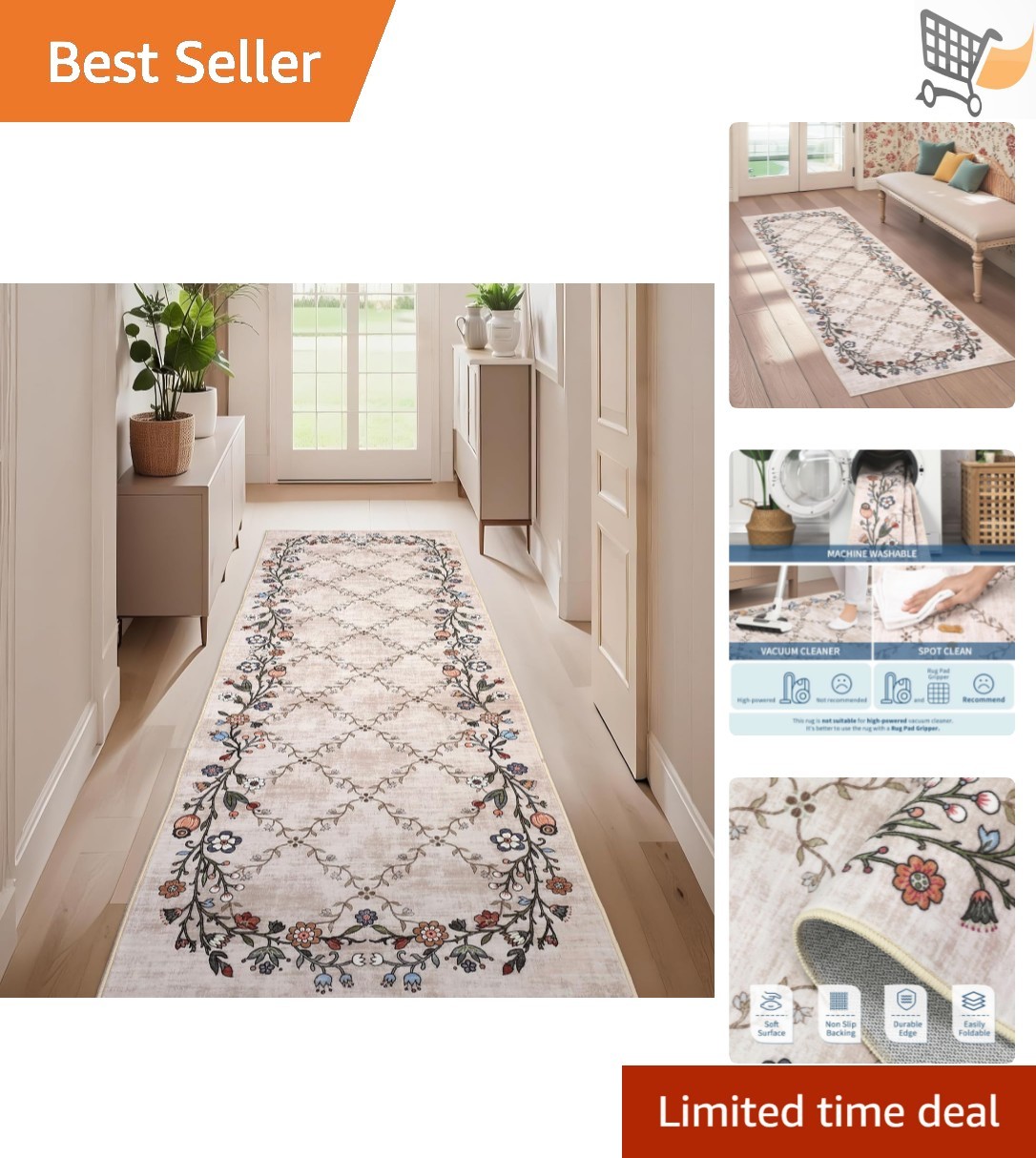 2×10 Floral Washable Rug Beige Indoor Non Slip Low Pile Indoor for Hallway