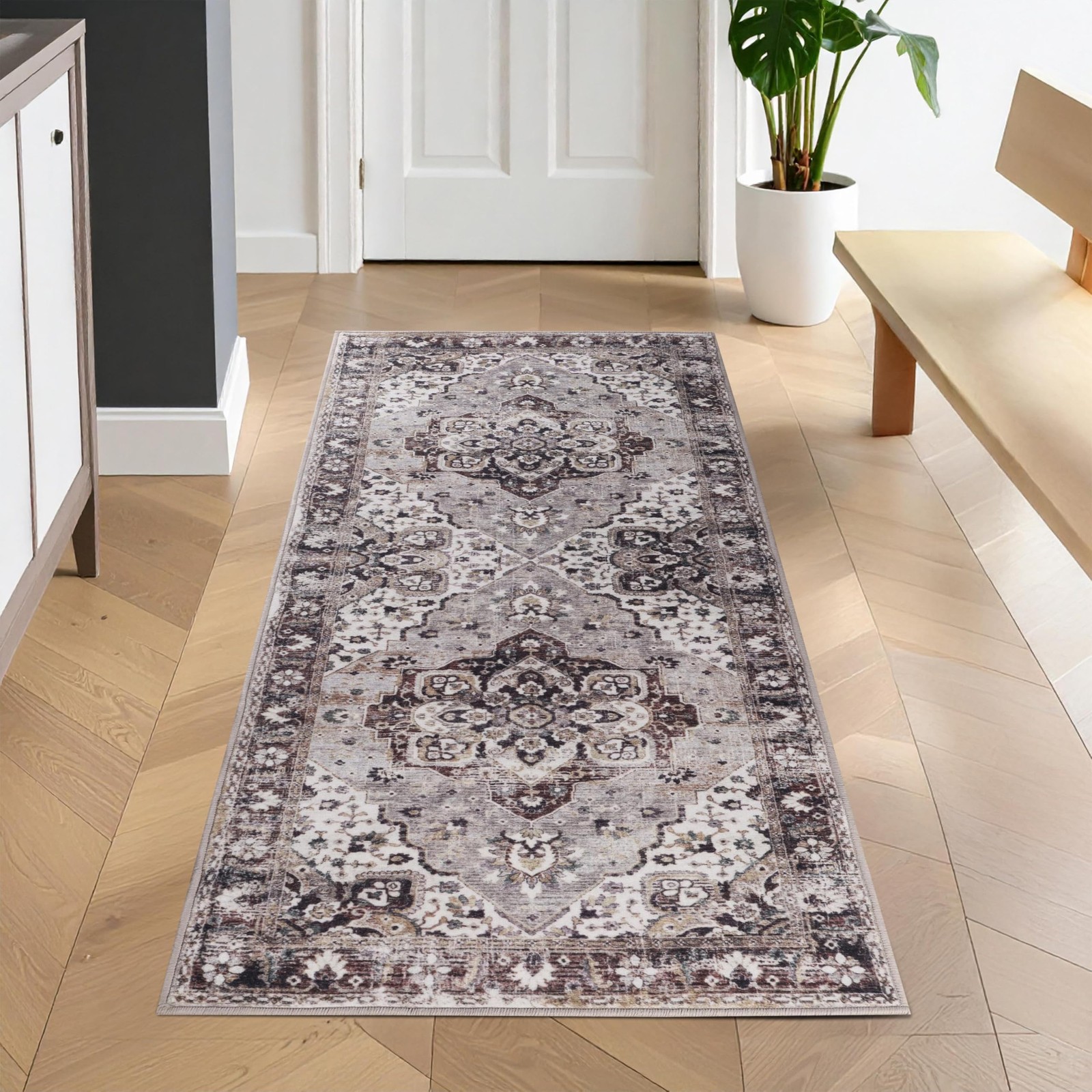 Mahi Floral Medallion Border Washable Indoor Runner Rug, Machine Washable Rug…