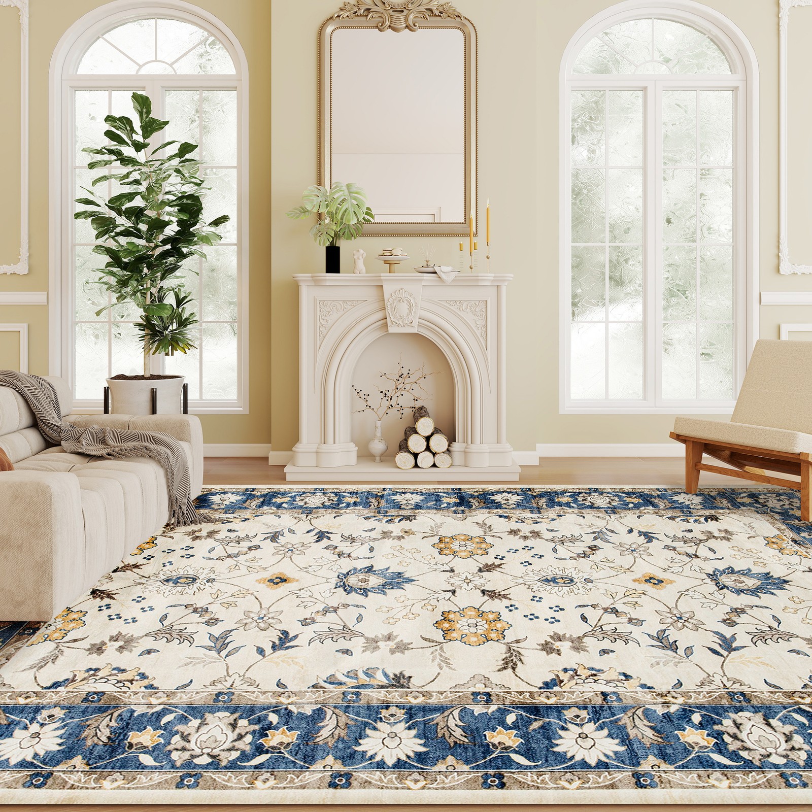 Machine Washable Area Rug 8×10, Boho Floral Print Carpet, Blue