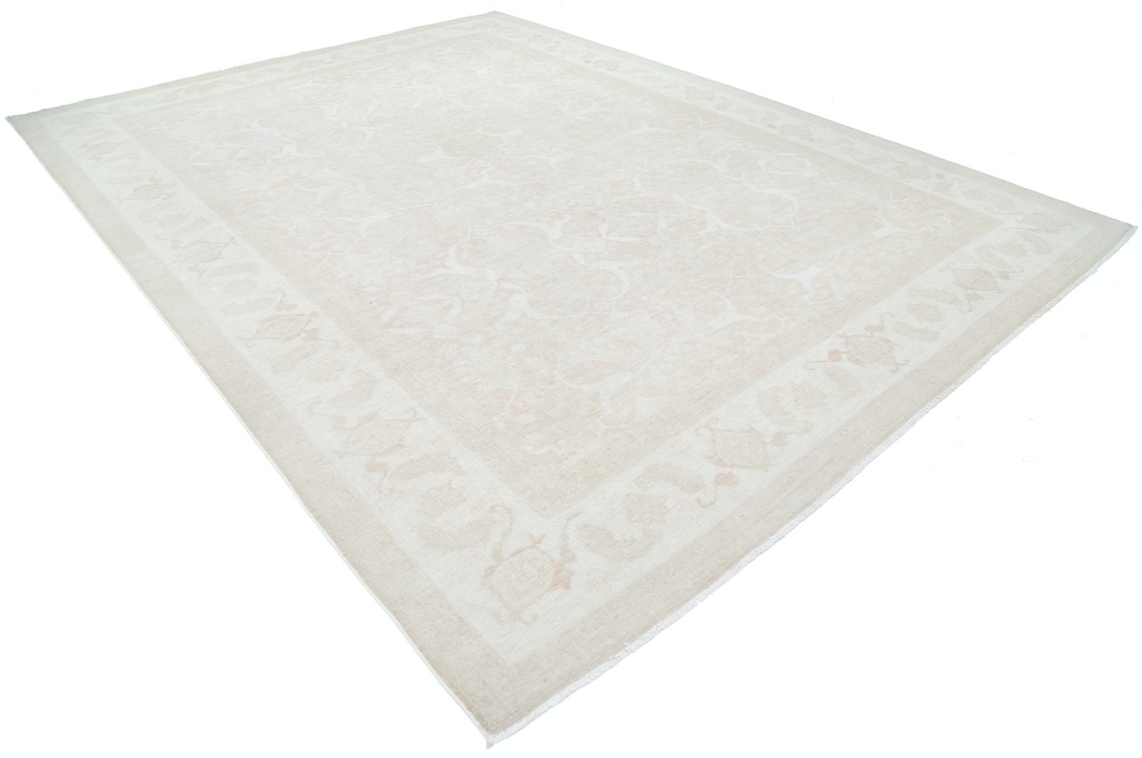 10×13.4 ft Handknotted Beige, Blush Wool Area Rug. Turkish Geometric Carpet