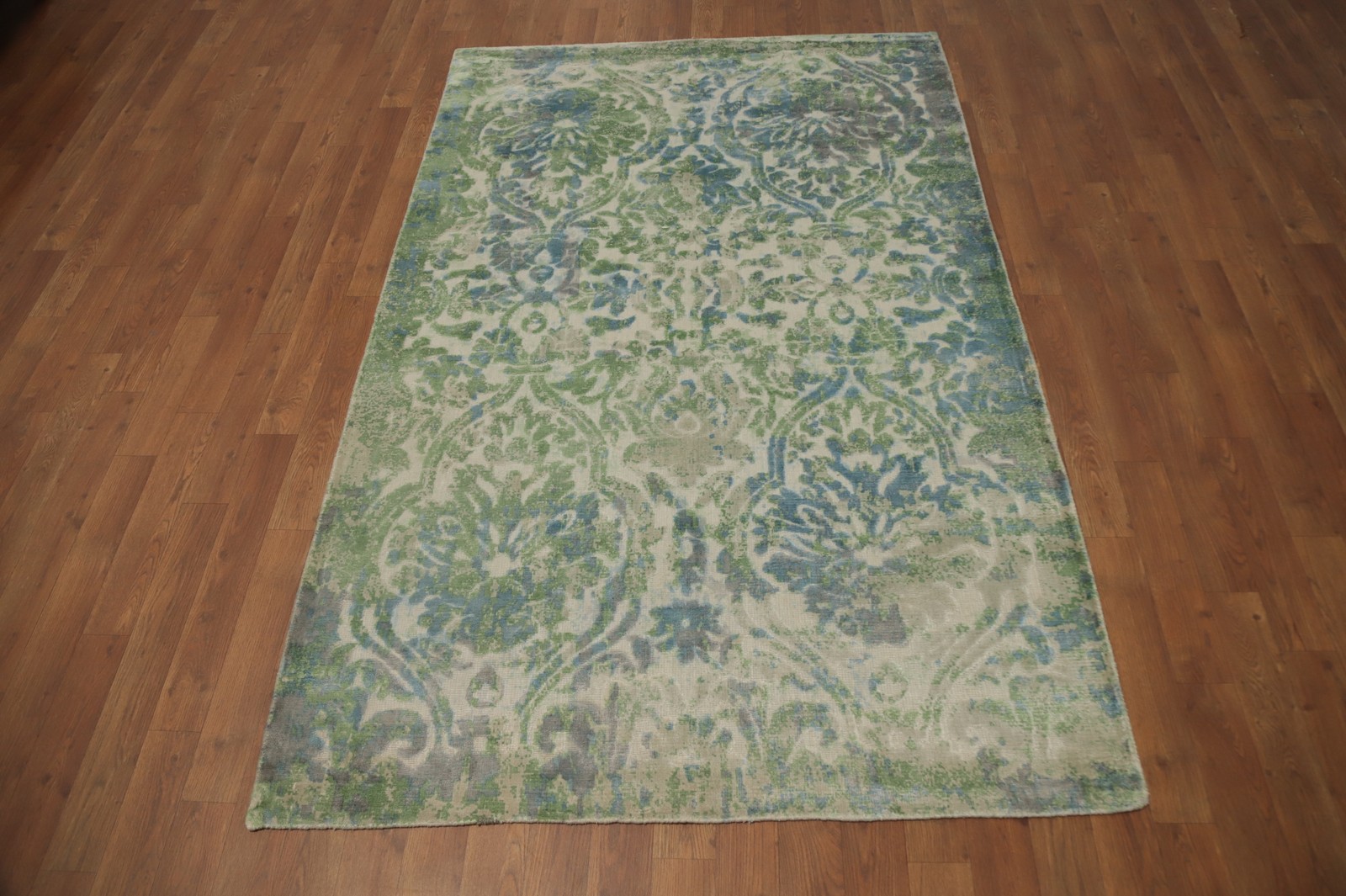 Elegant Hand-Knotted Silk Rug 4×6 Ft Green & Blue Abstract Design Modern Carpet