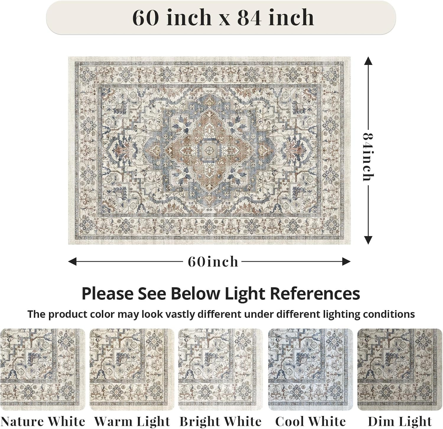 Beige 5X7 Washable Area Rug, Non-Slip Soft Ultra-Thin Polyester Carpet with Vint