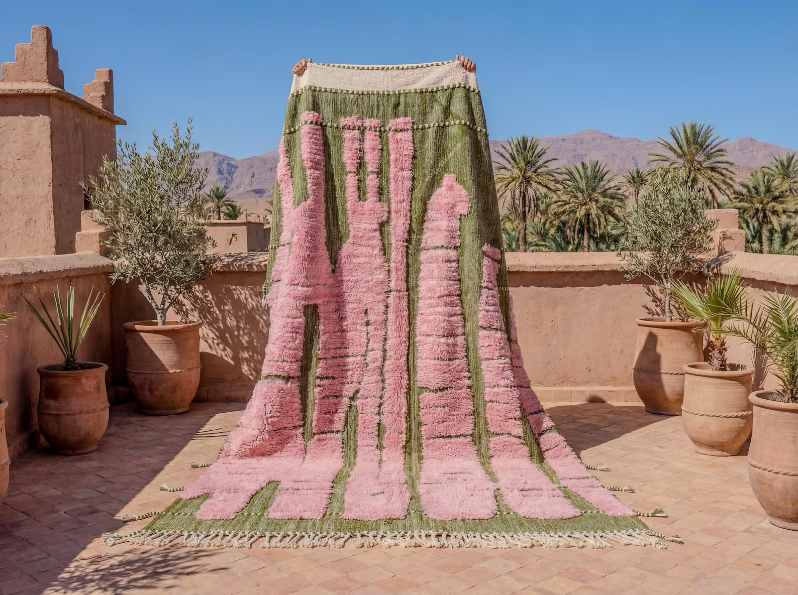 Green & Pink Bohemian Rug – Handmade Moroccan Wool Area Rug, Modern Design Rug.