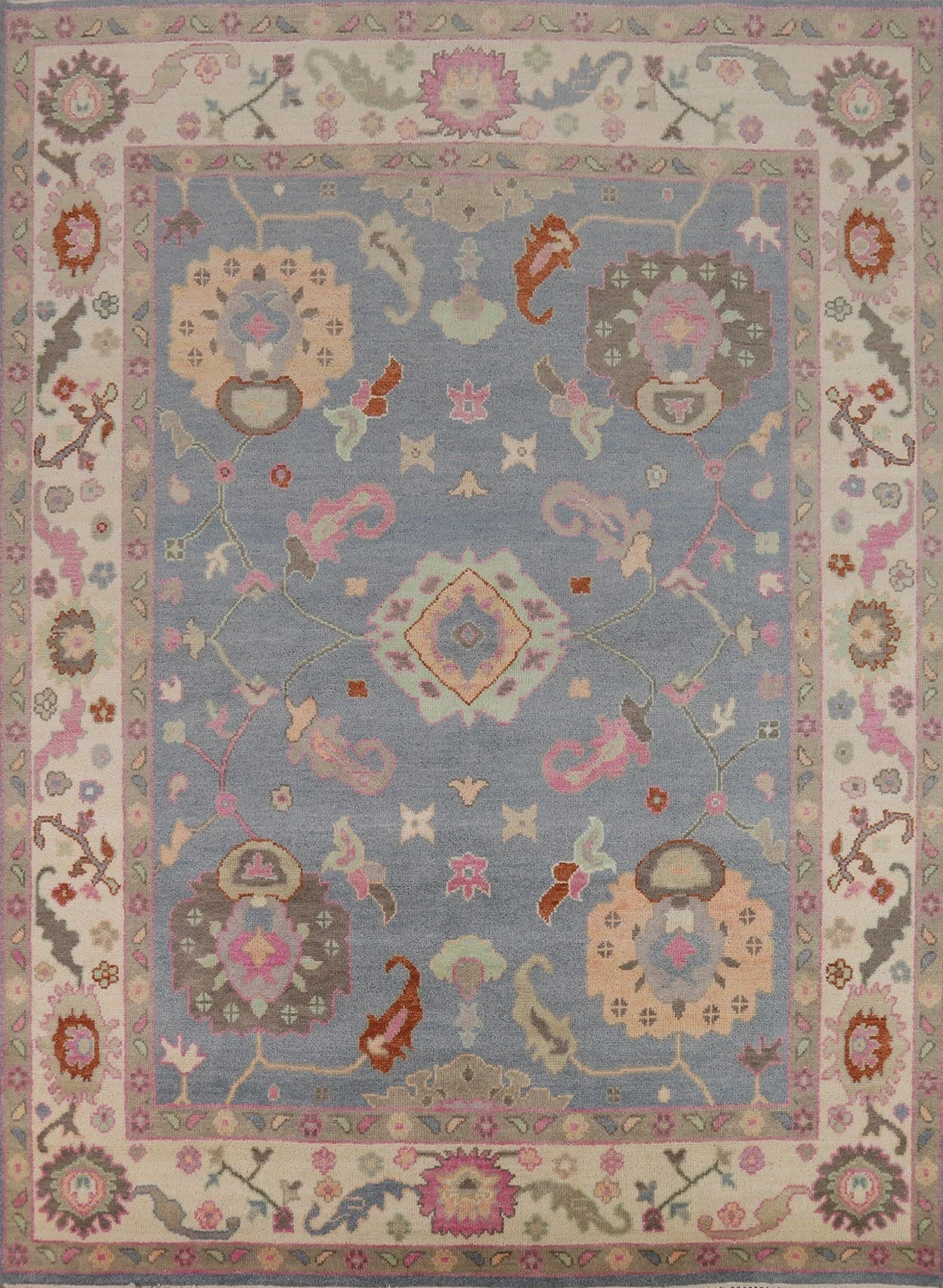 Hand Knotted Oushak Rug Wool Area Rug Muted Light Blue Pastel Pink Ivory rug
