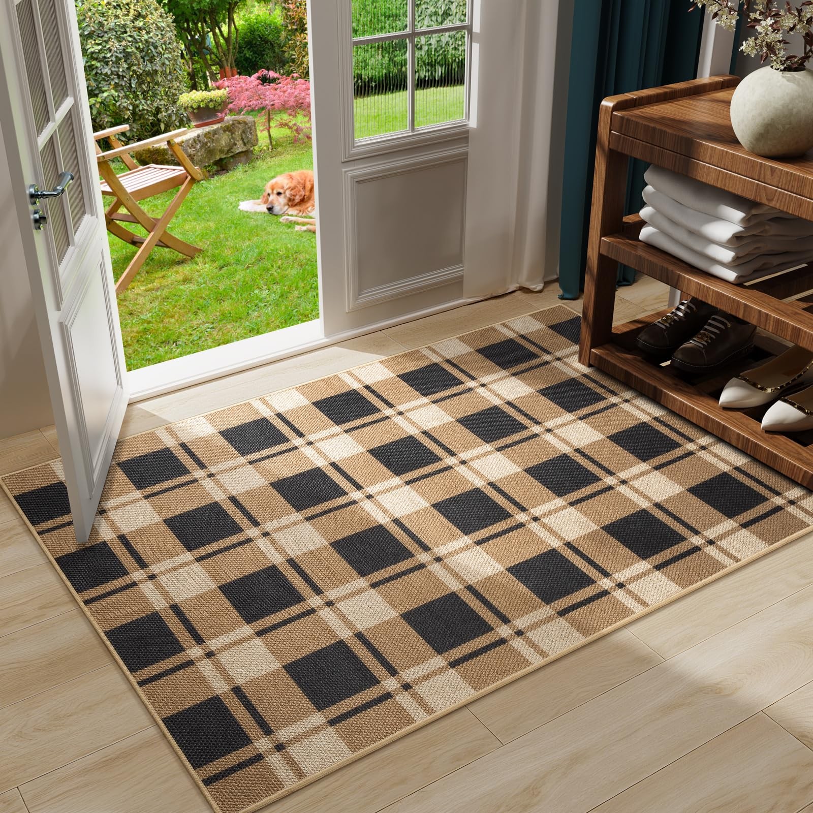 Plaid Jute Rug 3×5, Washable Indoor Outdoor Rug, Black and Brown Checkered Fa…