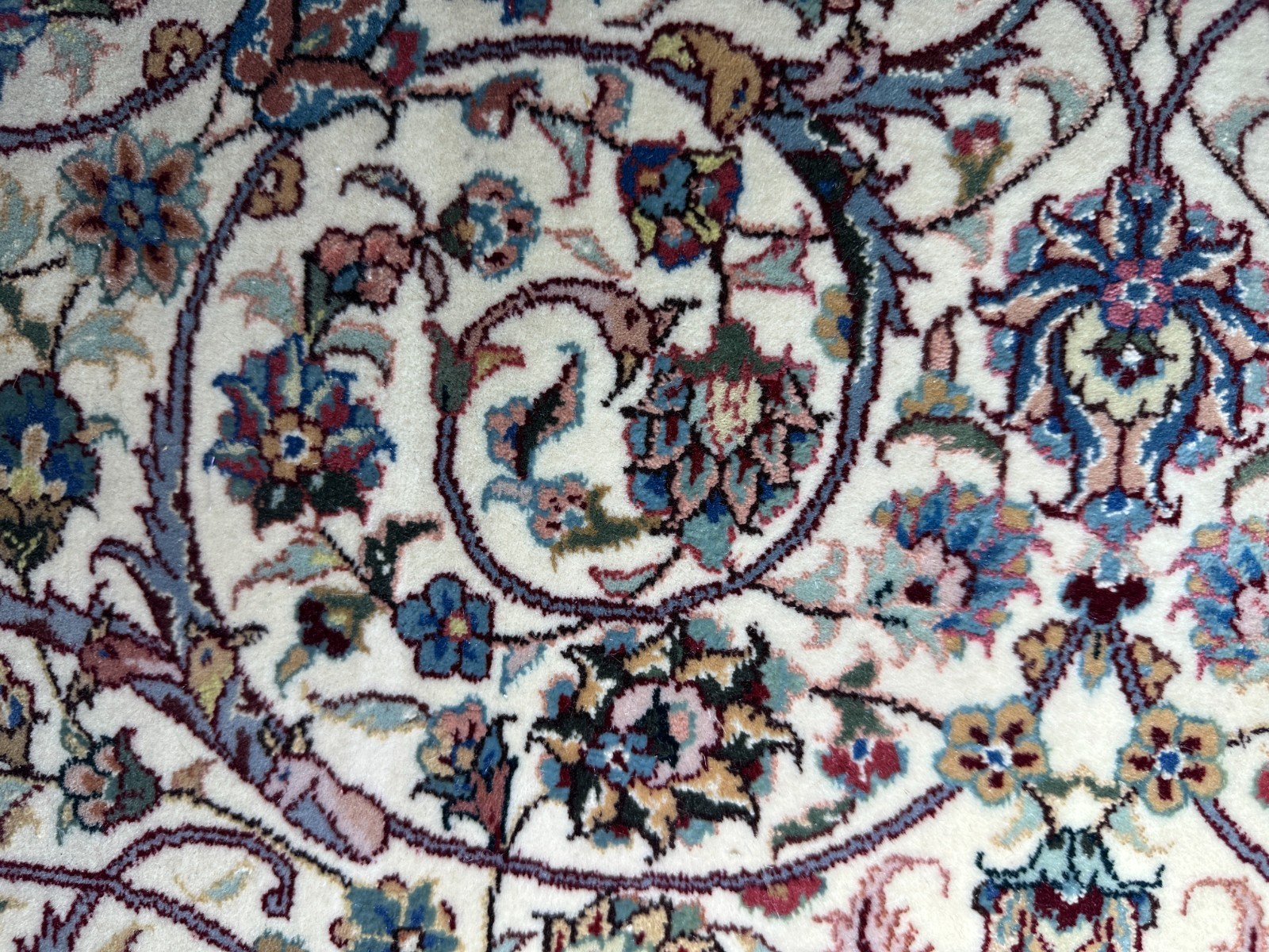 Large 102″ Nain-Style Round Floral Area Rug Fringe Ivory Burgundy Blue