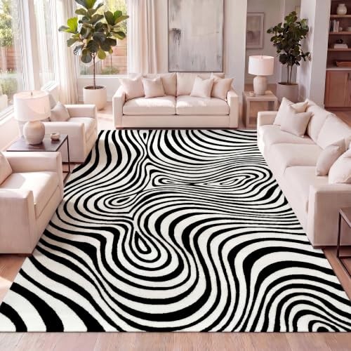 Maribo High-Low Abstract Striped Black/White 5×8 Area Rug Indoor, Non