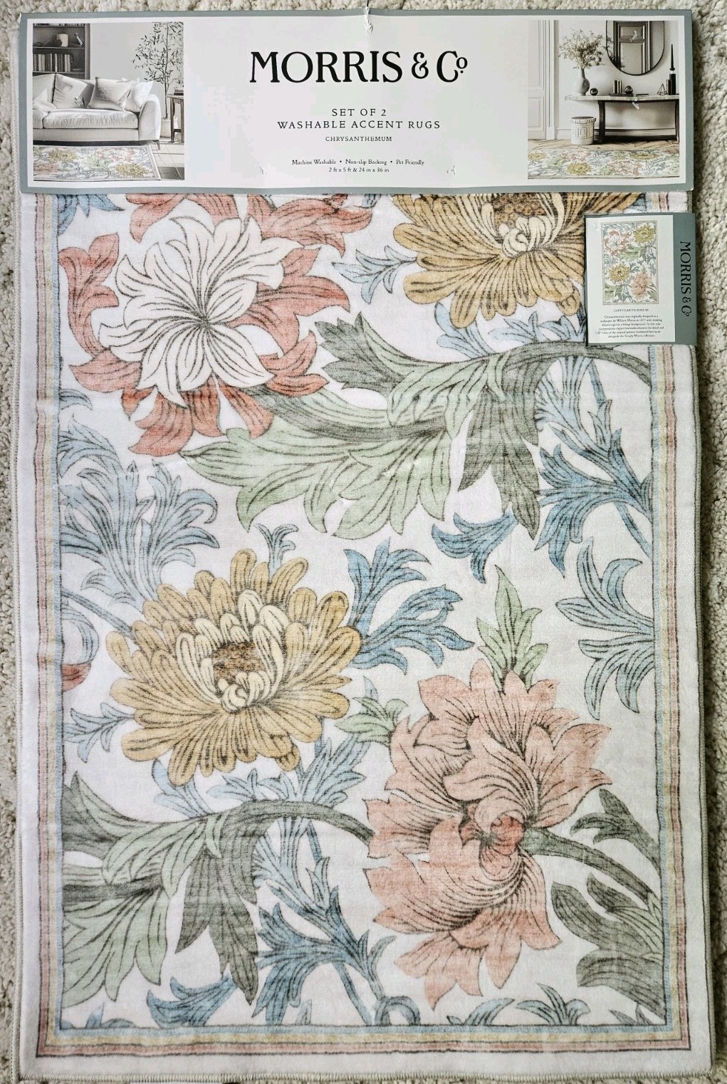 NEW 2pc William Morris & Co. Washable Accent Rugs Chrysanthemum 2’x5’/24″x36″