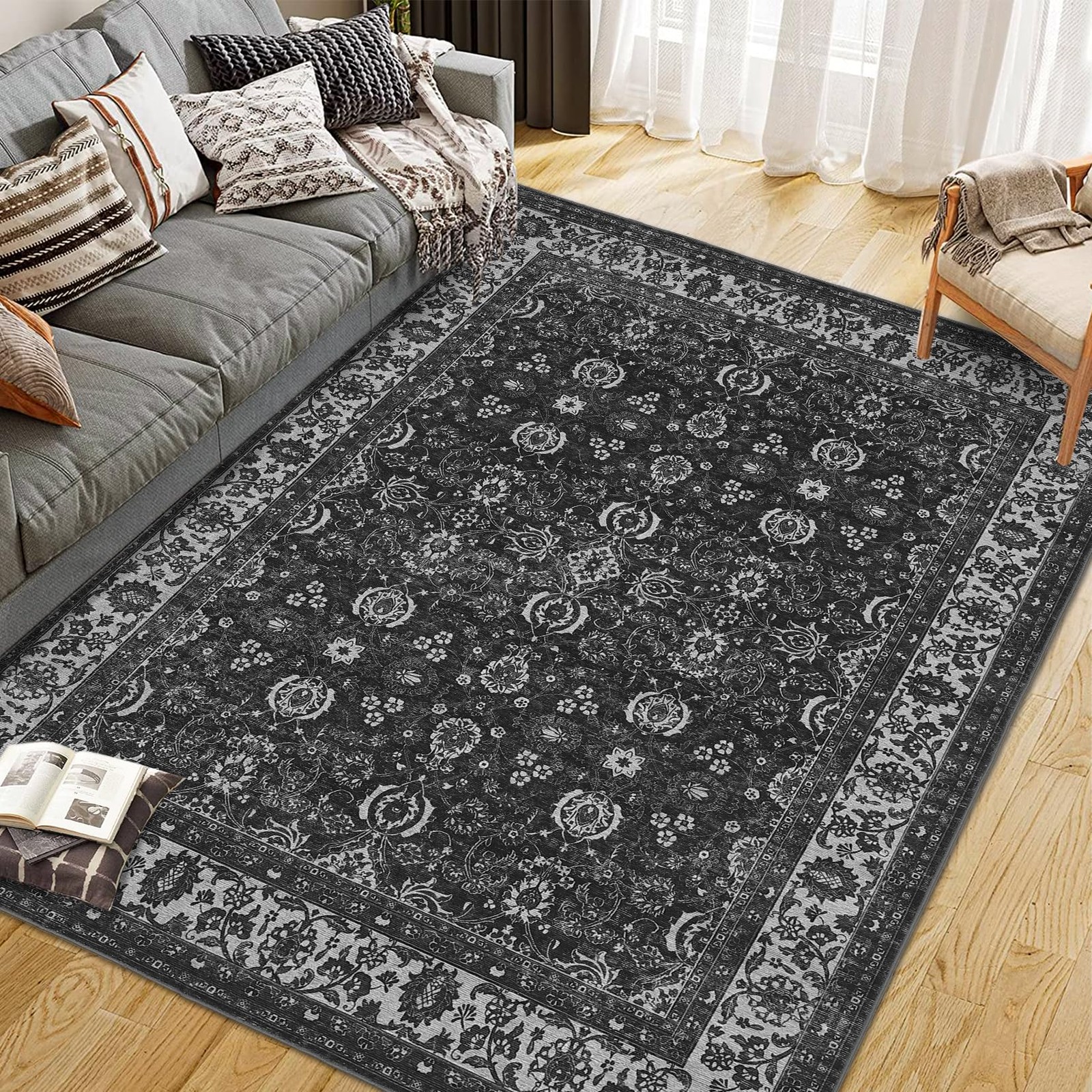 8x10FT Washable Area Rug, Non-Slip Vintage Floral Carpet, Living Room Floor Mat