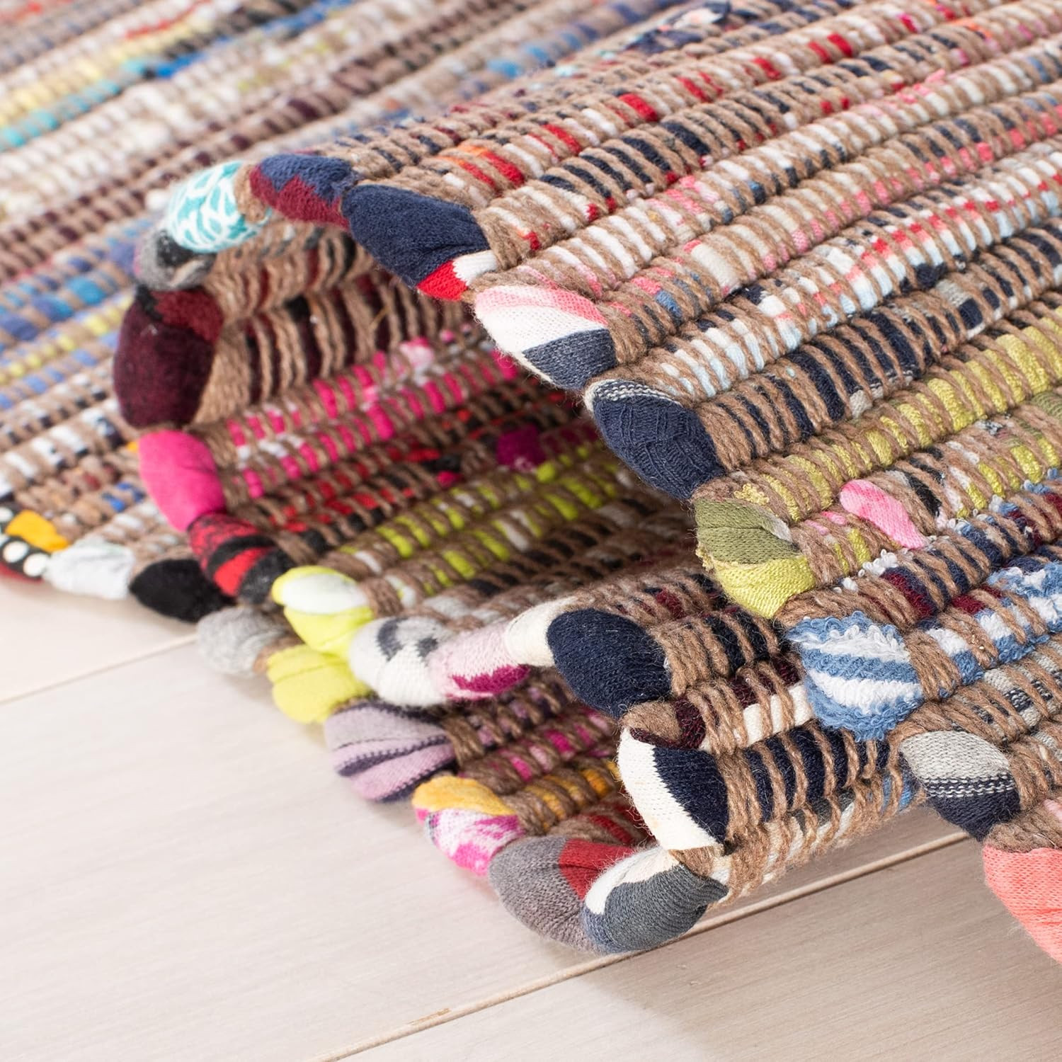 Rag Rug Collection Area Rug – 4′ Square, Rust & Multi, Handmade Boho Stripe Cott