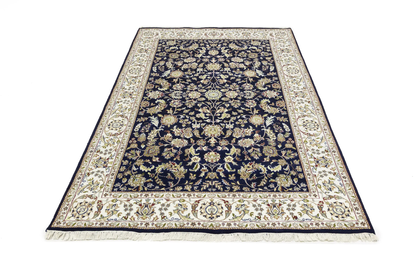 Dark Navy Wool Indo-Nain Oriental Rug Allover Floral Classic Design 6X9 ft