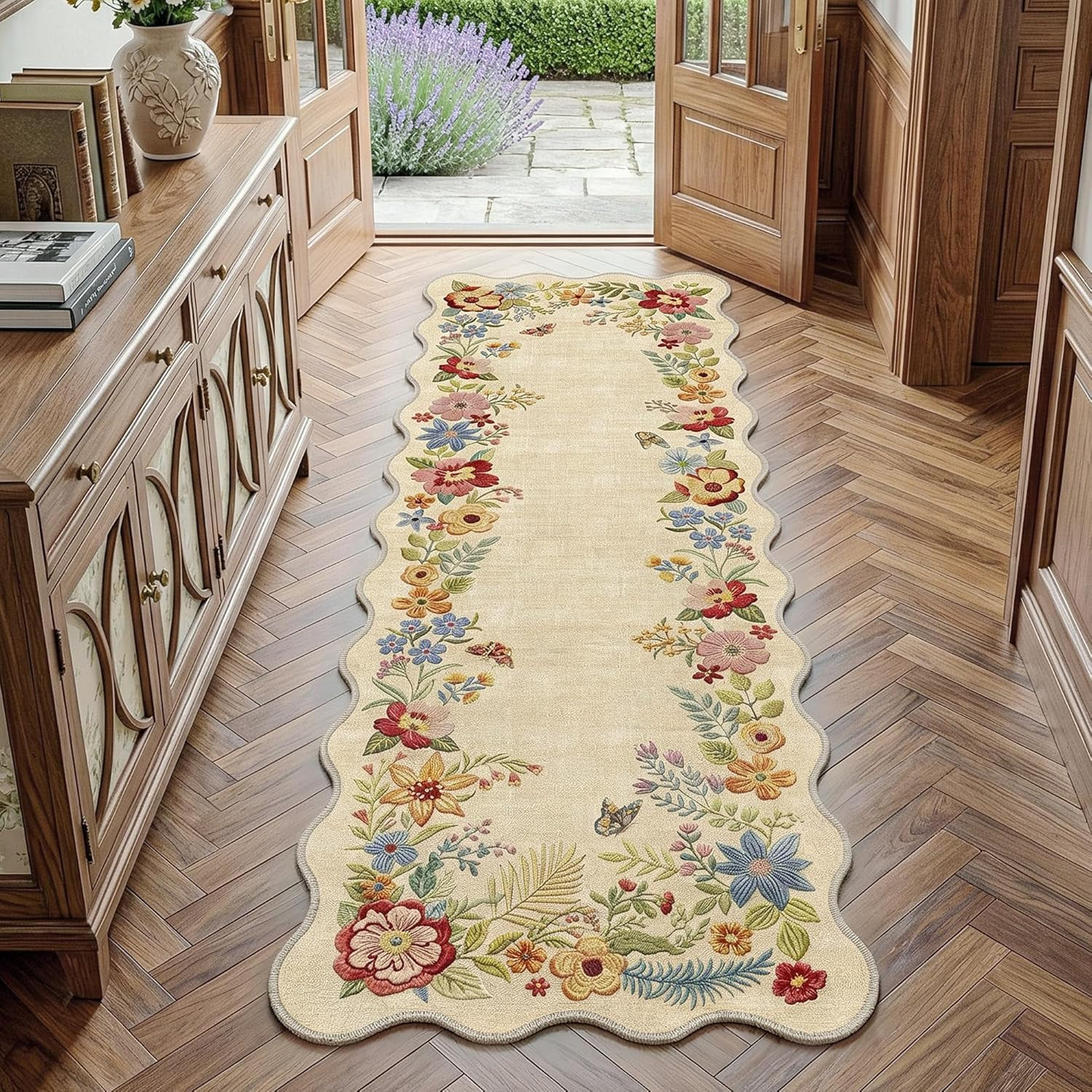 2X6 Runner Rug Floral Washable Beige Neutral Vintage Flower Botanical