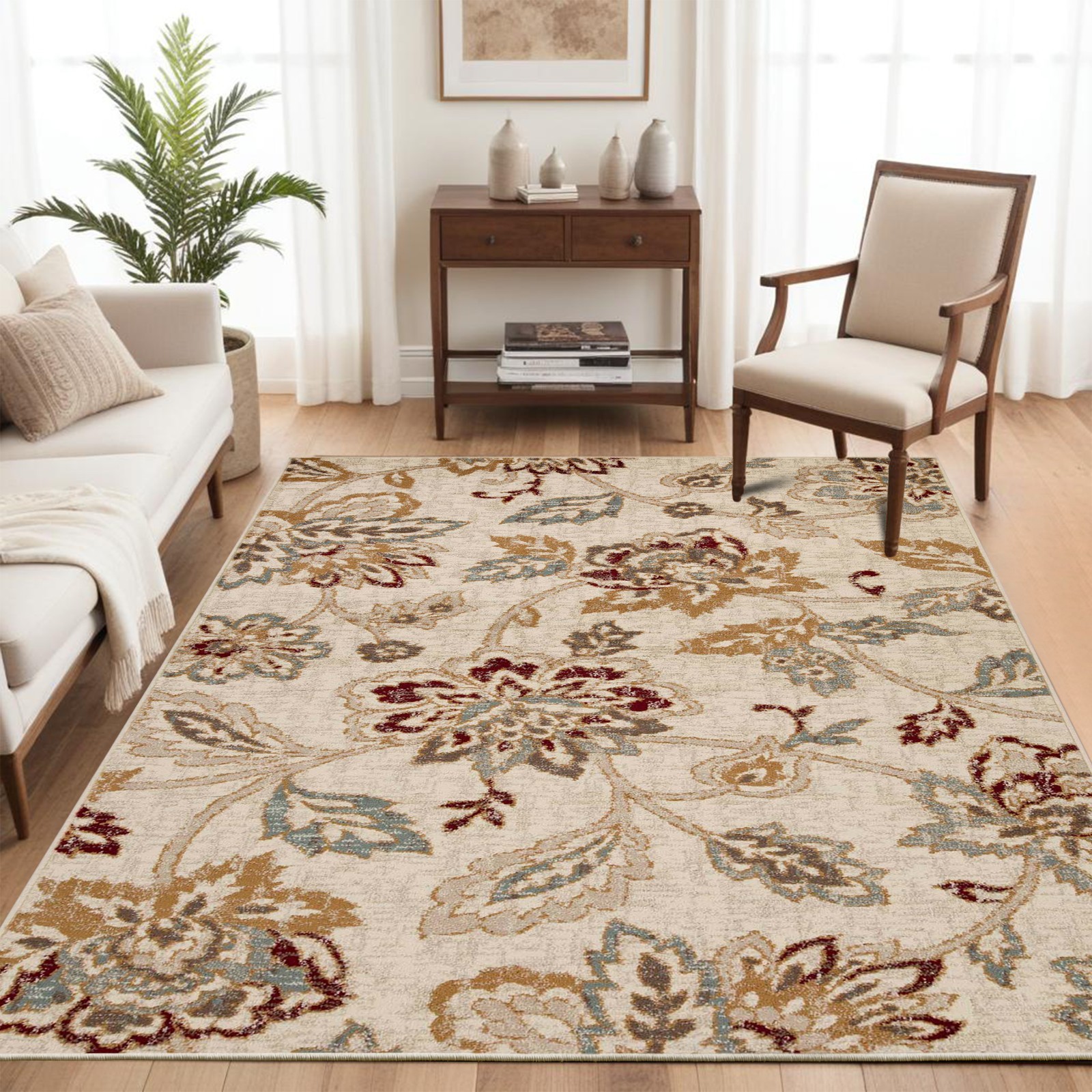 Jacobean Floral Modern Farmhouse Repels Moisture Colorfast Indoor Area Rug