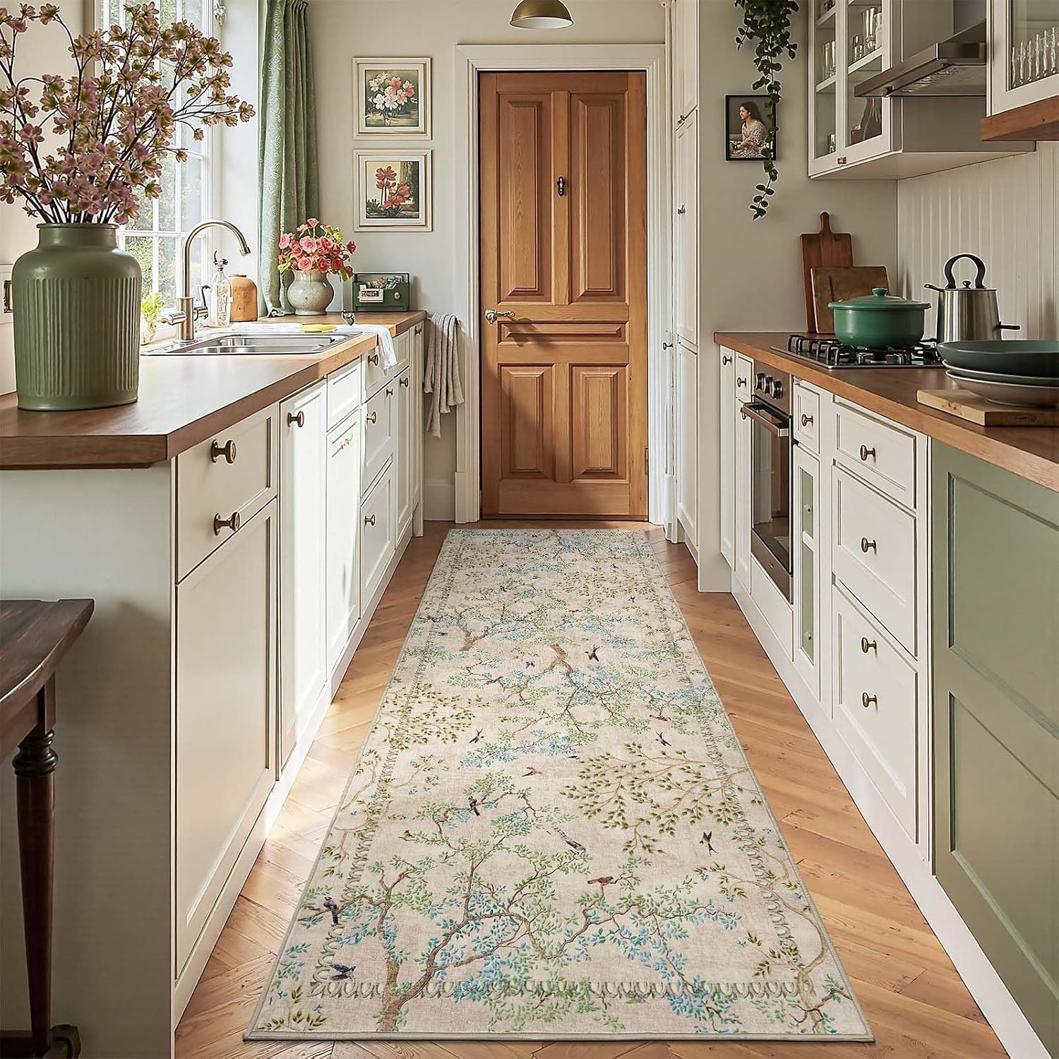Yarden Beige Botanical Birds 3×10 Runner Rug for Hallway Washable Non Slip Soft