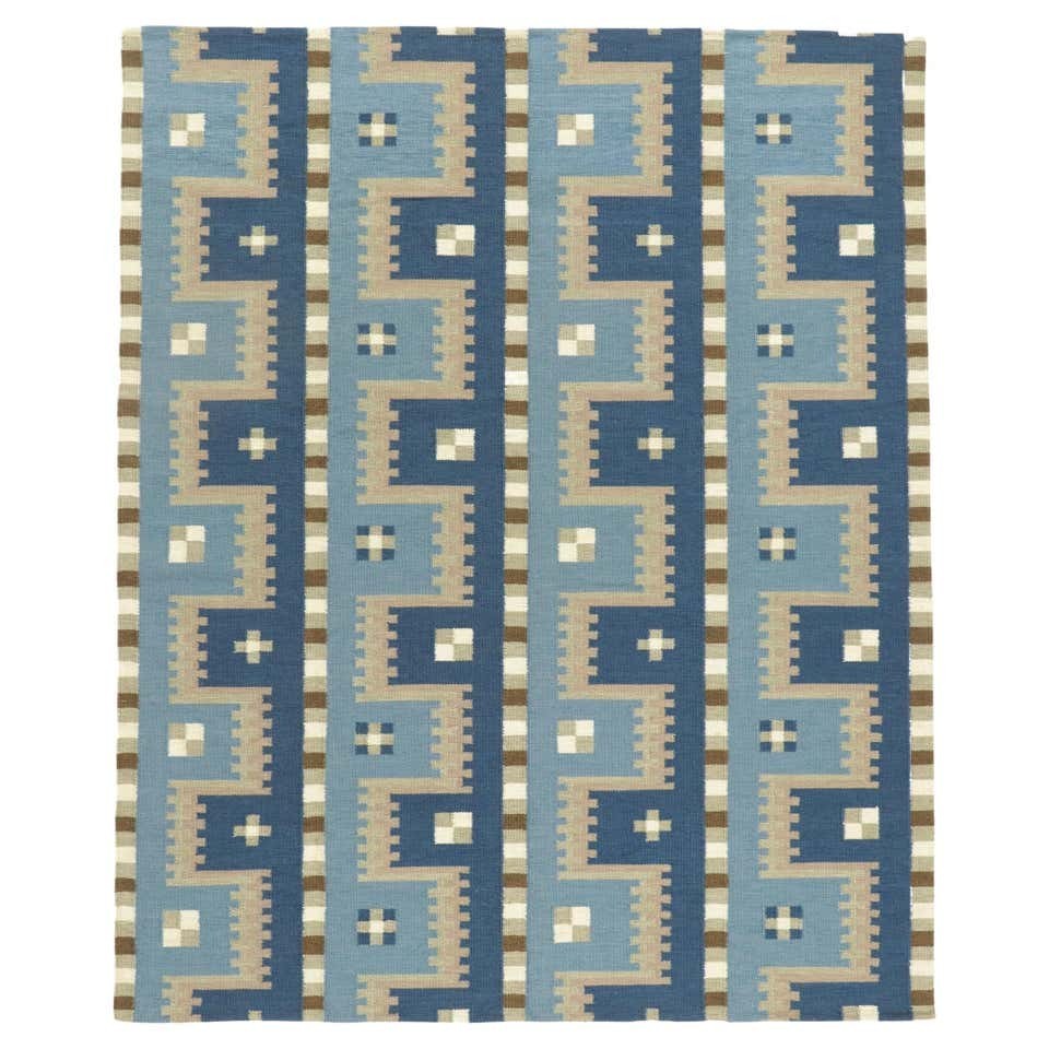 Blue Scandinavian Swedish Kilim Wool Rug Handmade Flat weave Boho Large Area Rug