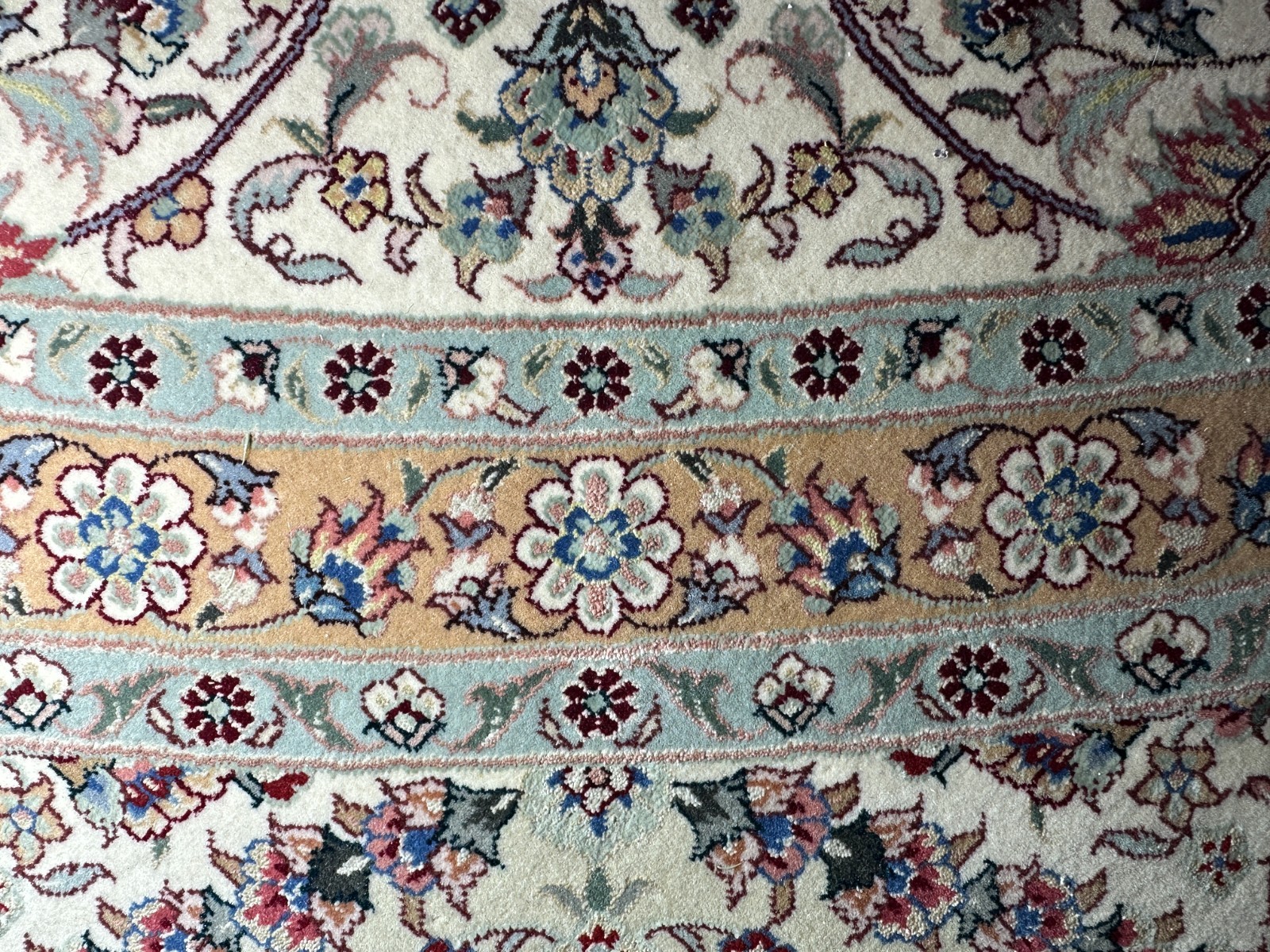 Large 102″ Nain-Style Round Floral Area Rug Fringe Ivory Burgundy Blue