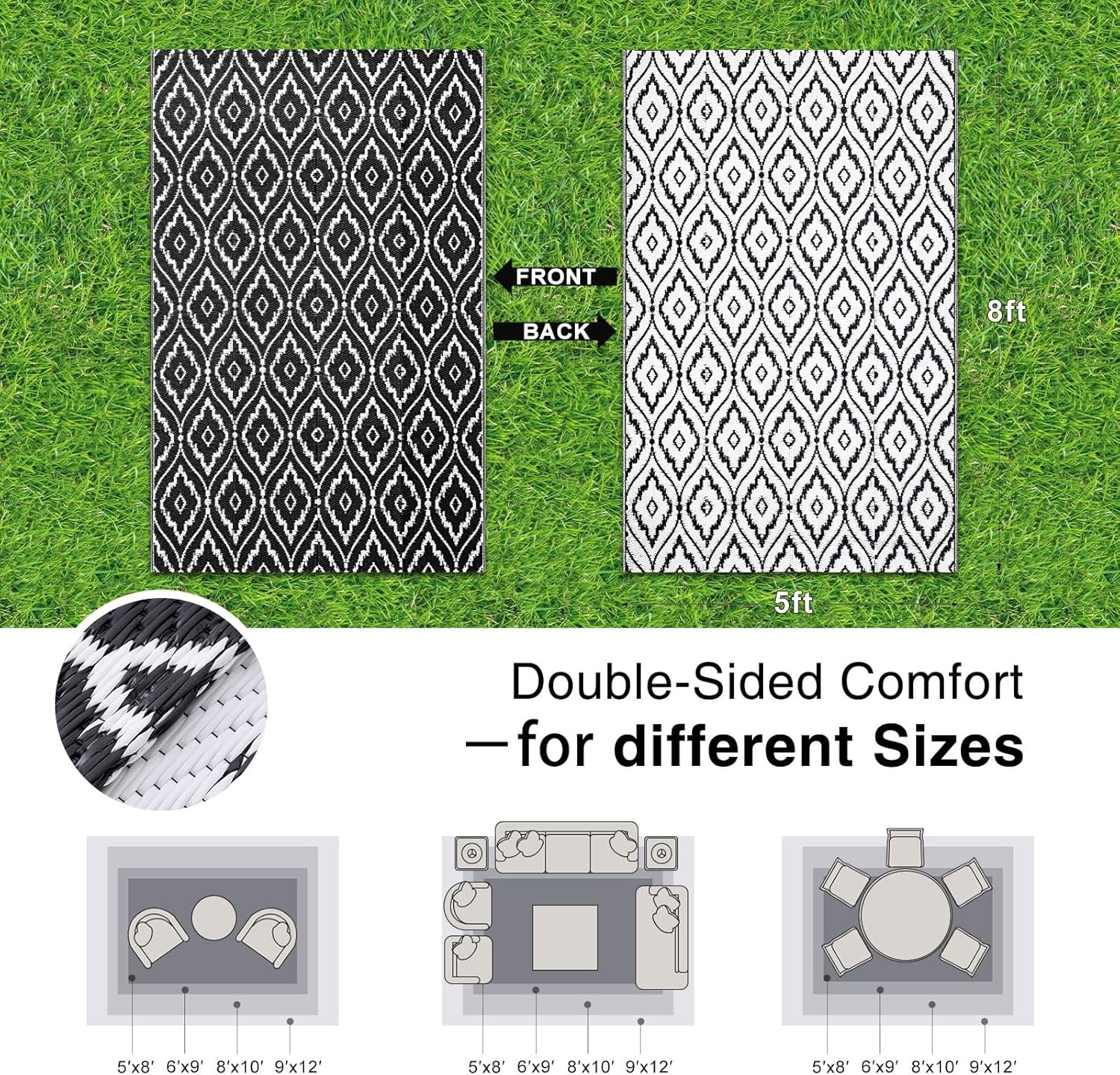 Black and White Outdoor Rug 5 X 8 Feet Waterproof Reversible RV Patio Mat Rug