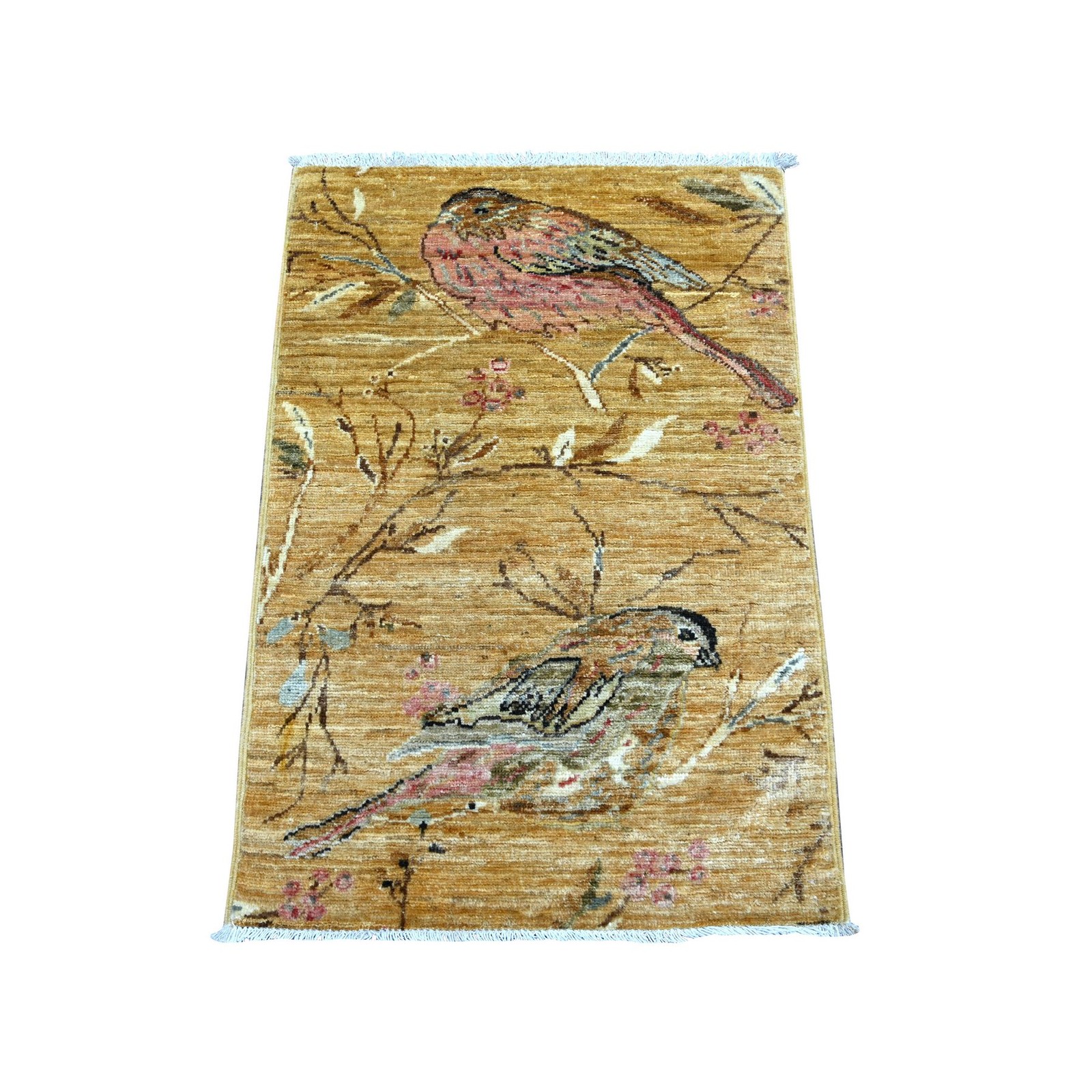 2’x3′ Golden Brown Sparrows on the Tree Hand Knotted Wool Mat Oriental Rug 22596