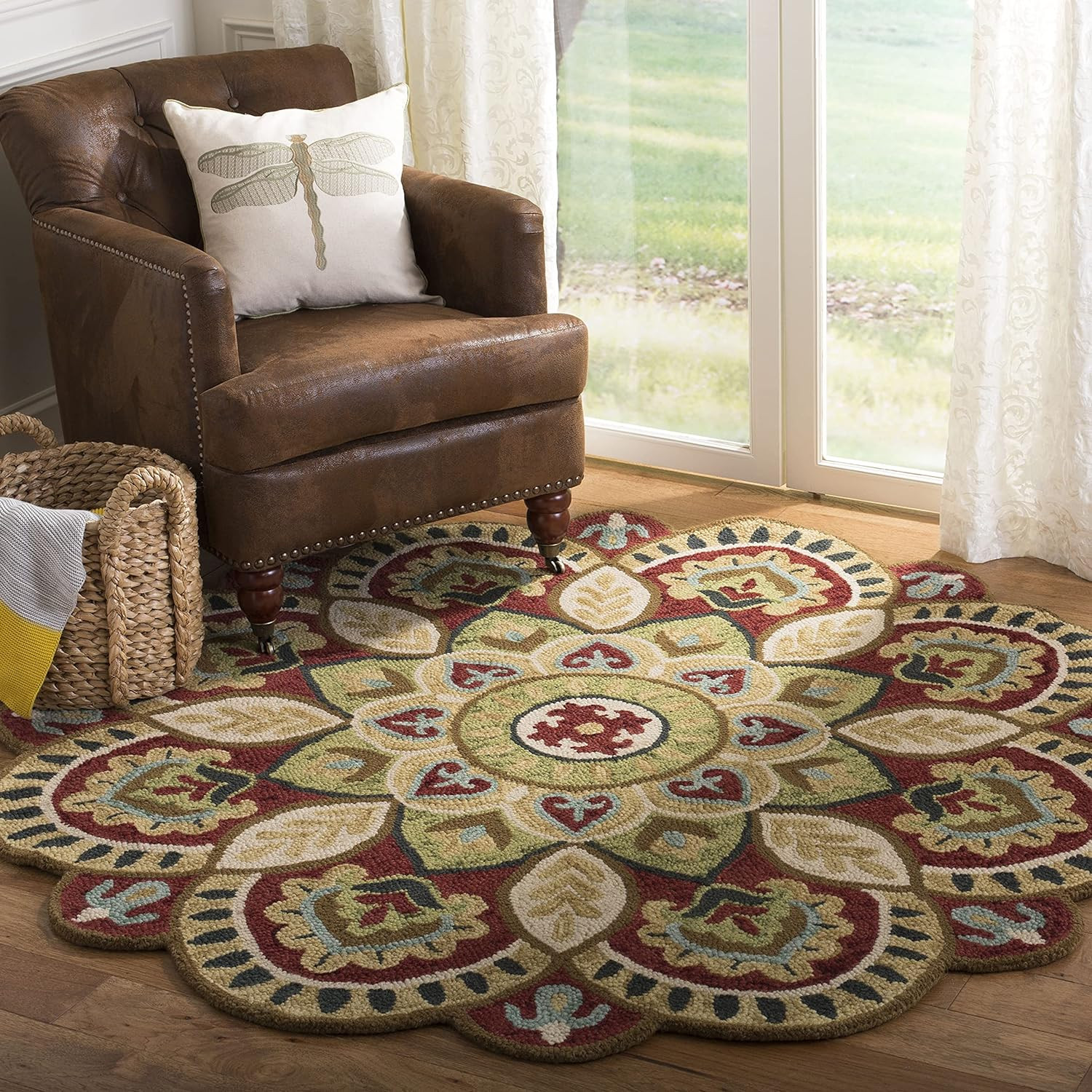 Handmade Boho Floral Area Rug – 6′ Round Red & Taupe for High Traffic Areas