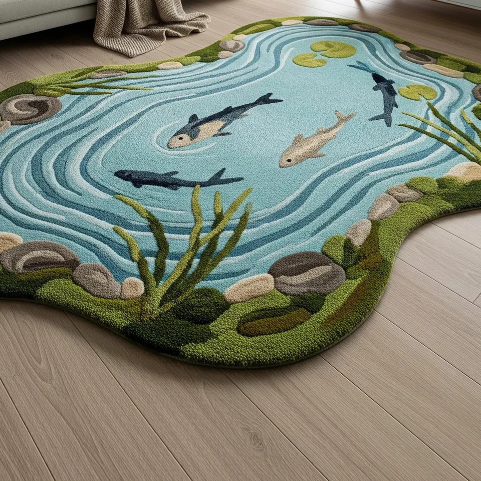 Moss Green Blue Fish Pond Design Irregular Hand Tufted Wool Rug, Modern Abstract