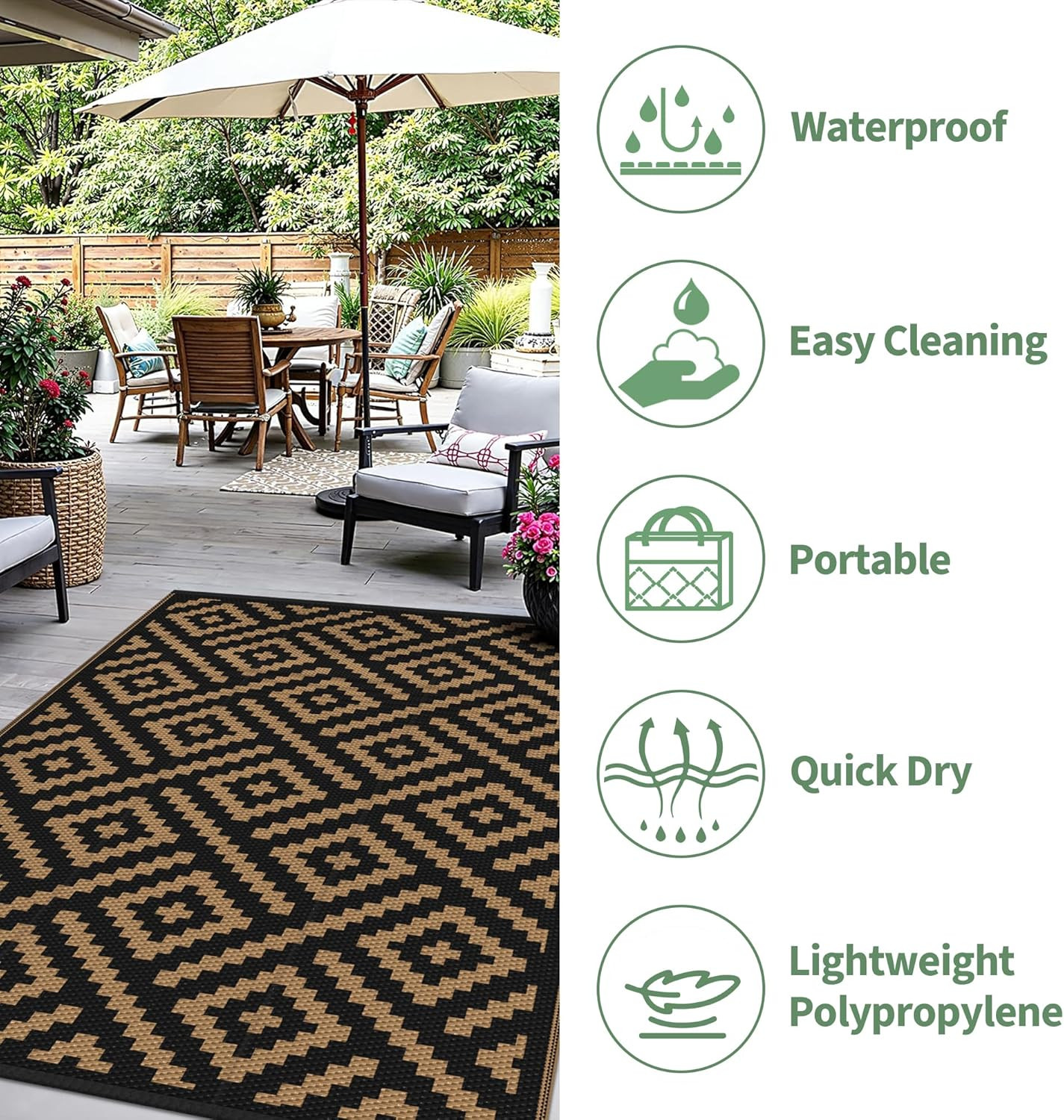 Outdoor Rug 4×6 ft Reversible Waterproof Plastic Straw RV Mat Black Brown