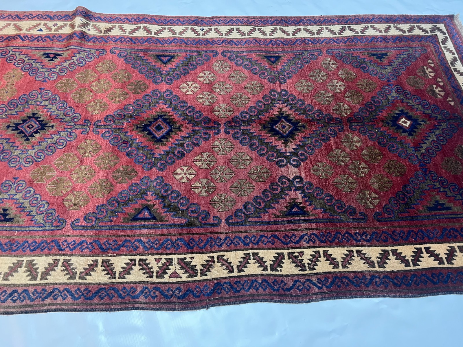 4×6 Vintage Baluchi Wool Rug with Triple Geometric Medallions and Tribal Border