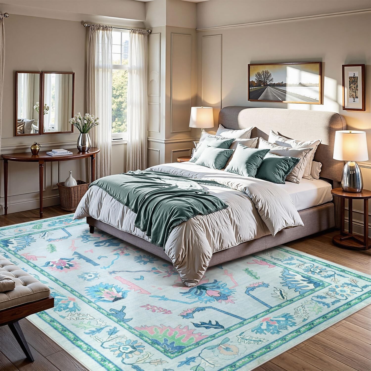 Uphome Living Room Rug 8×10 Rug, Teal Oushak Washable Rugs for Bedroom Aesthe…