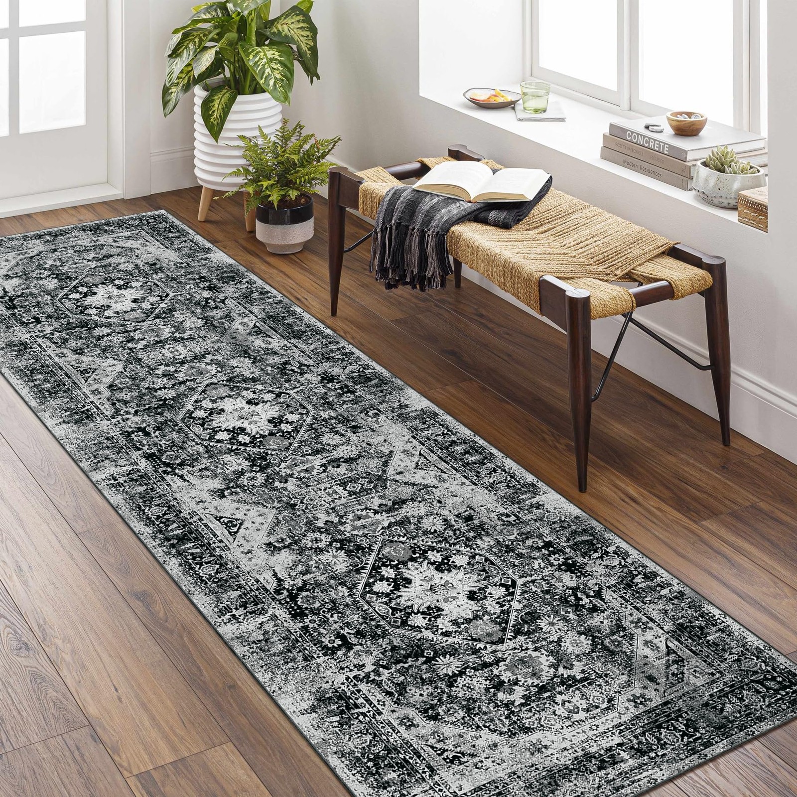 Black Washable 2×8 Runner Rug Long Area Rugs Low Pile Non Slip Floral