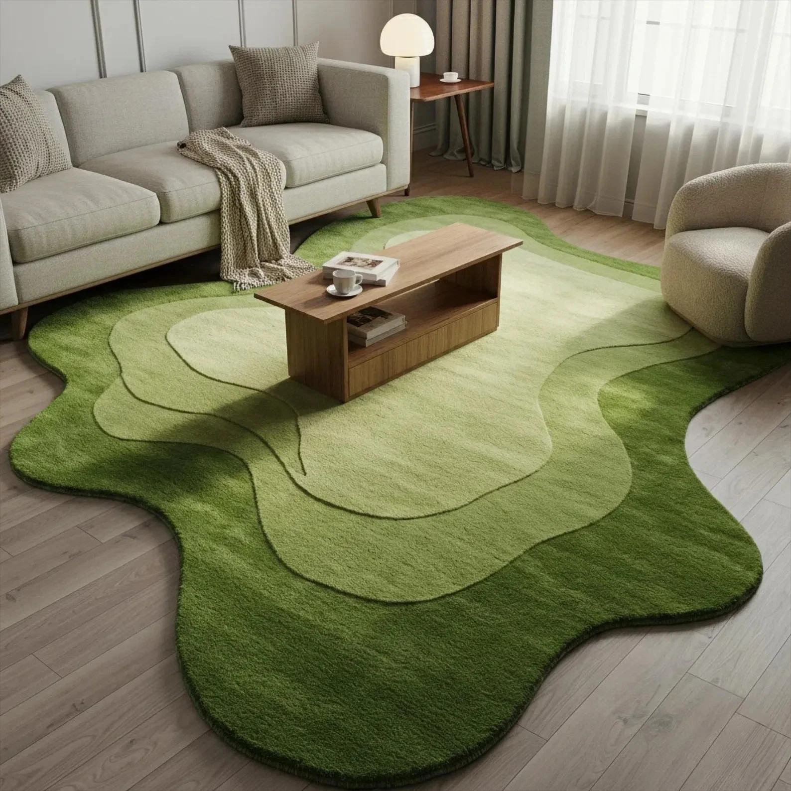 Green Irregular Tufted Wool Rug Abstract Organic Shape Living Room Rug