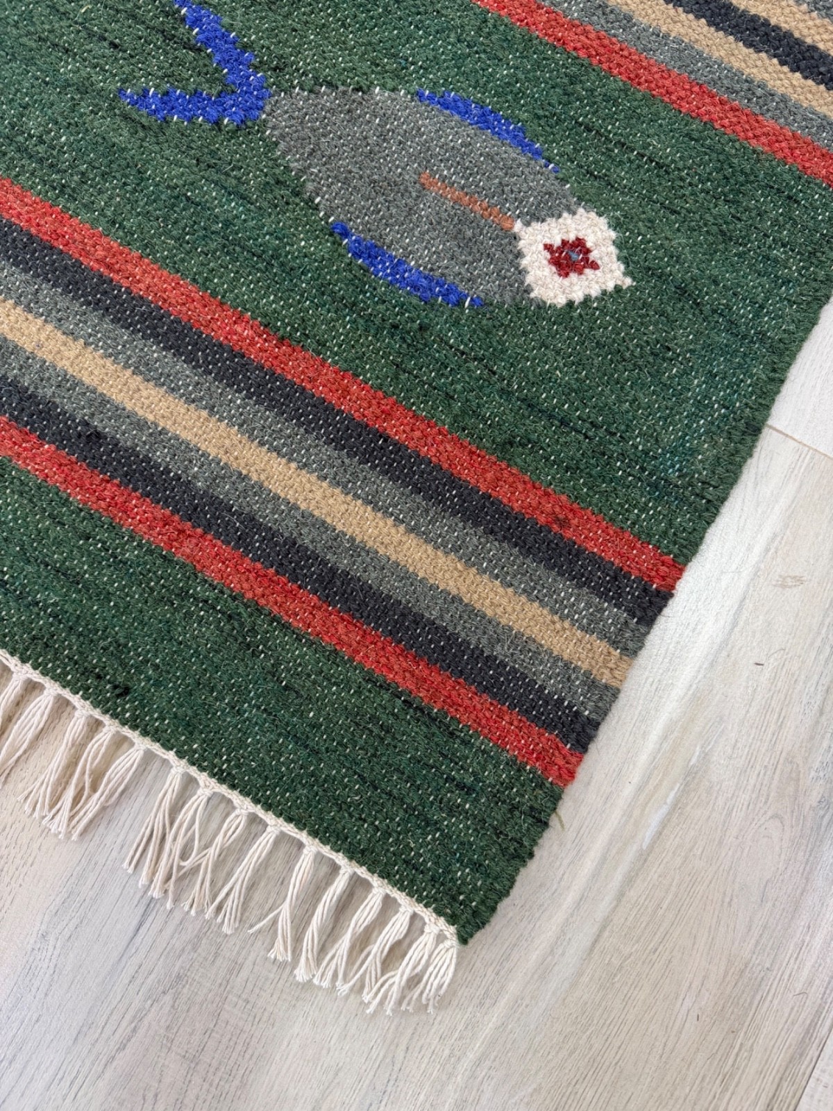 Hand Woven Wool Area Rug 3×5 Forest Green Flat Weave Indian Folk Art Dhurrie Rug