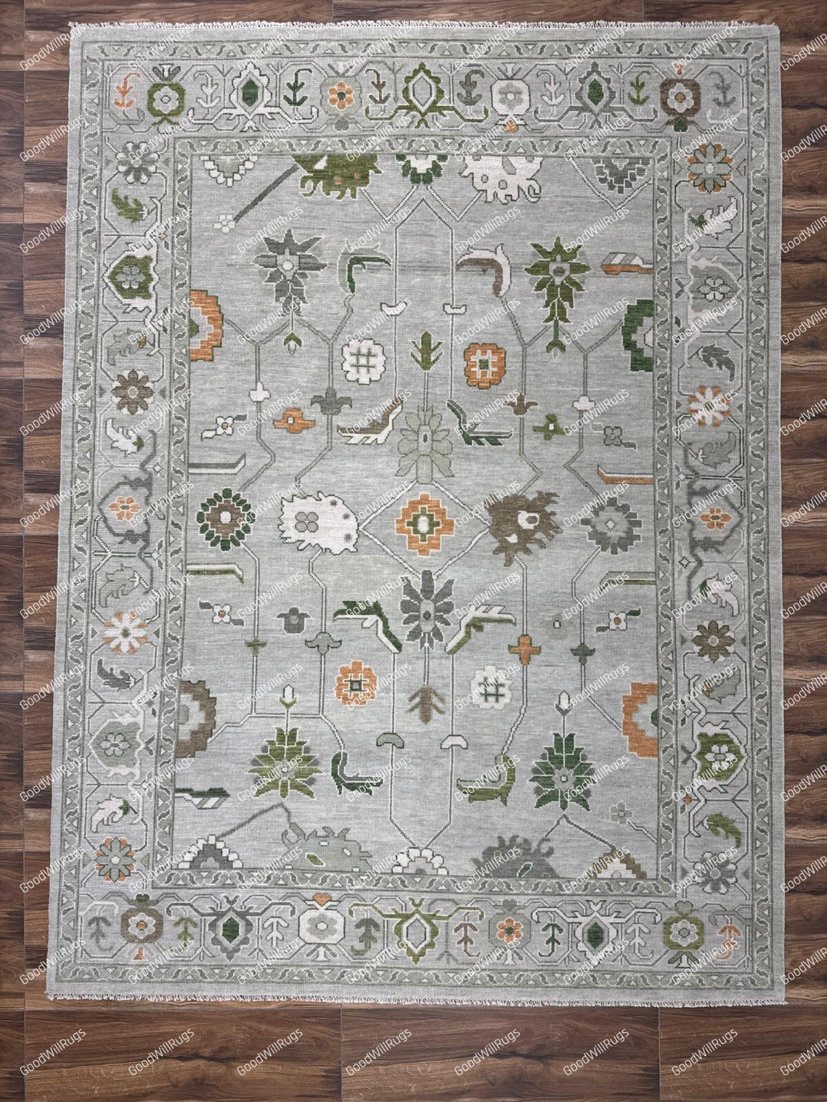 Modern Gray & Green Hand Knotted Oushak Rug Wool Area Rug Custom Size Available.