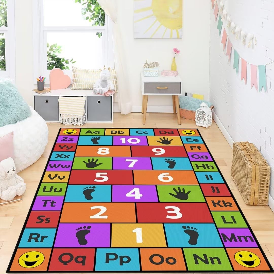 Kid Hopscotch Play Rug 31×47 in Red – Non-Slip Educational Carpet for Playroom