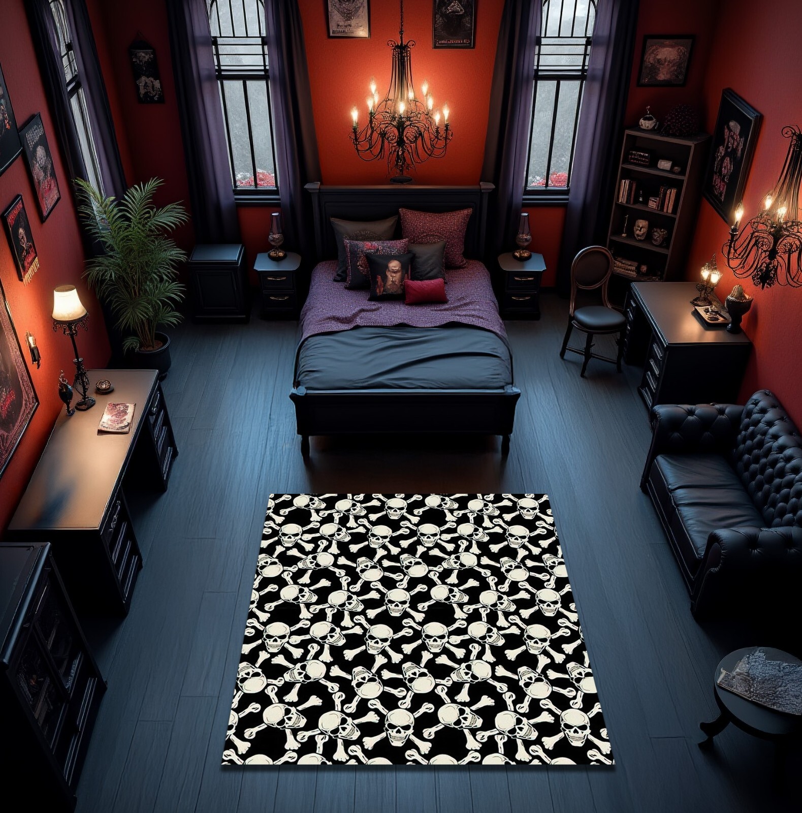 Black and White Skull Rug Gothic Style Spooky Floor Mat Skeleton Carpet Decor