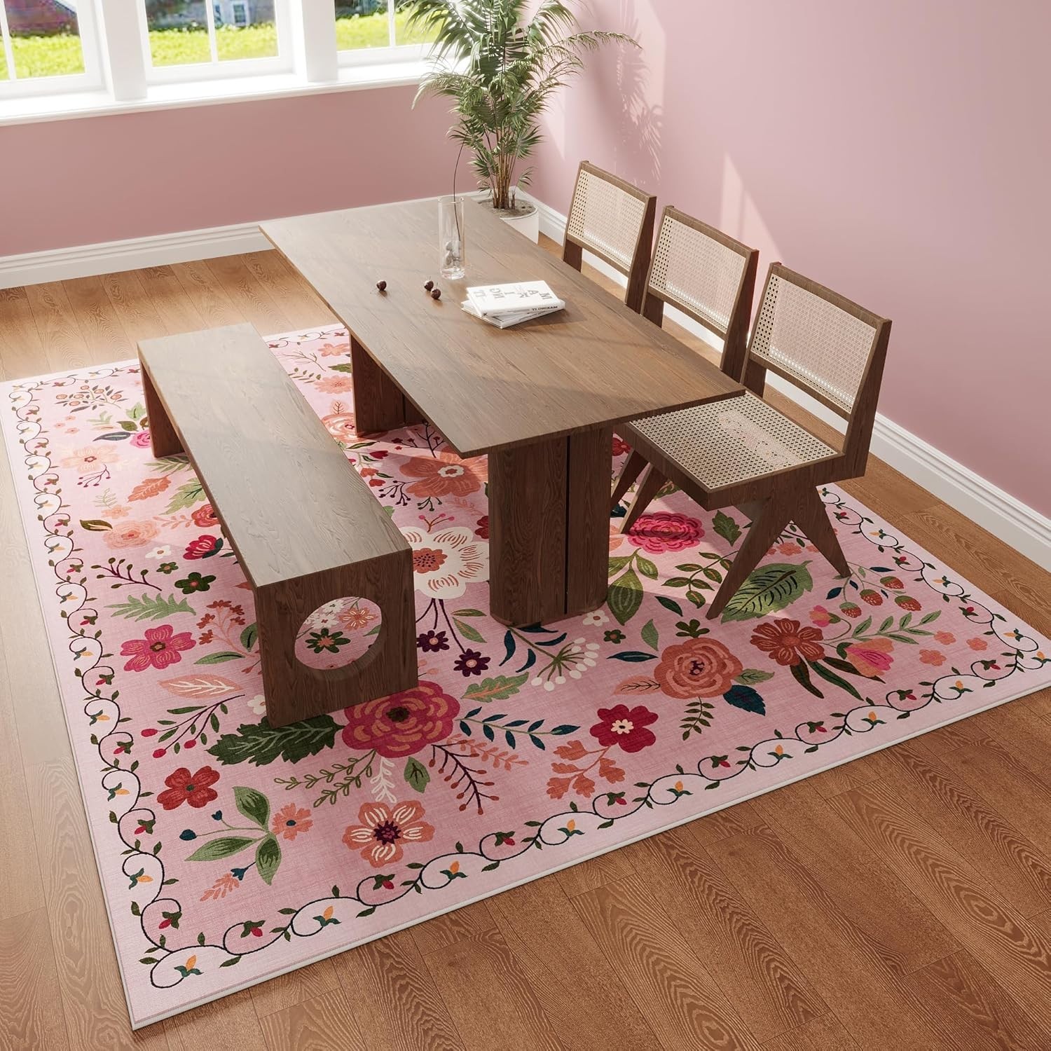 Washable Boho Floral Area Rug 8×10 – Non Slip, Vintage Style for Living Spaces