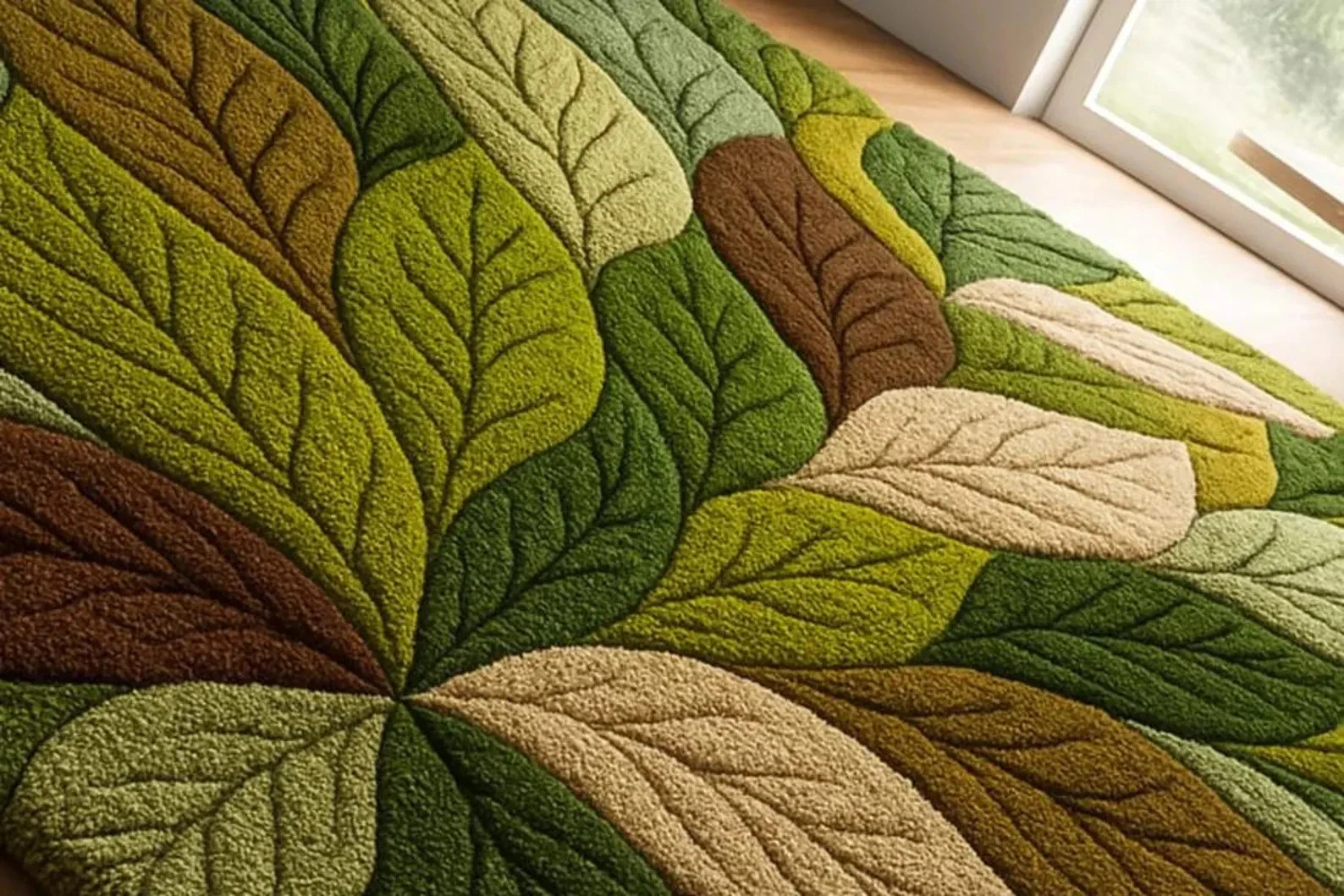 Hand Tufted Leaf Design Rug, Modern Botanical Area Carpet in Green and Brown