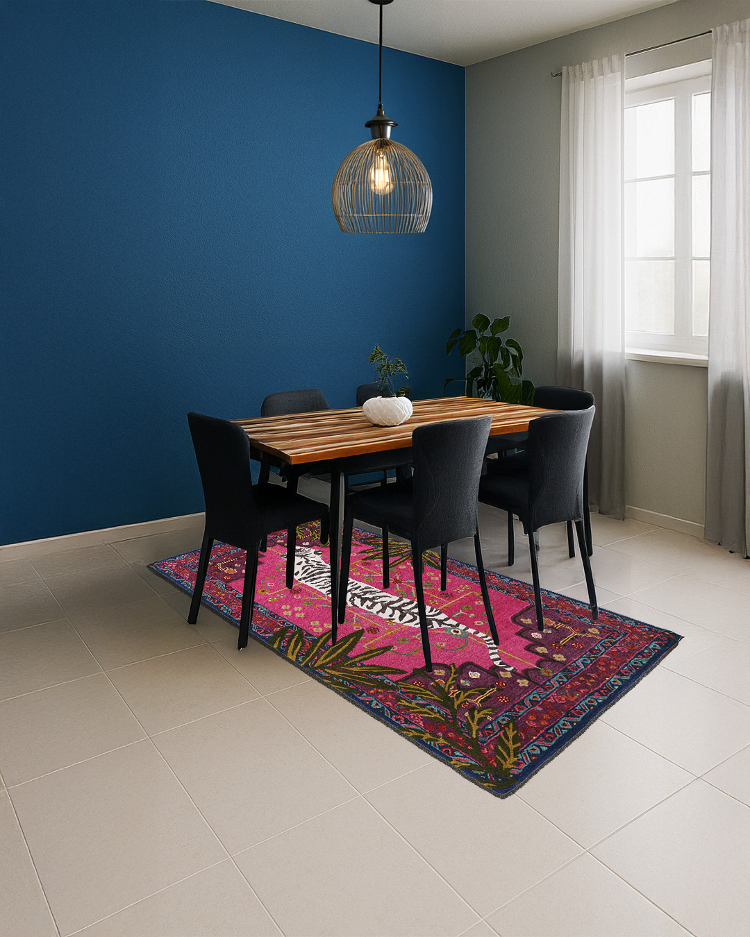 Hand-Tufted Rug with White Bengal Tiger Motif and Vibrant Botanical Oriental