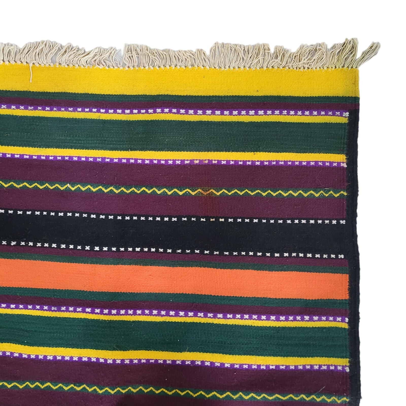 Vintage Handmade Moroccan Rug Orange Black Gold Stripe Berber Tribal Wool Carpet