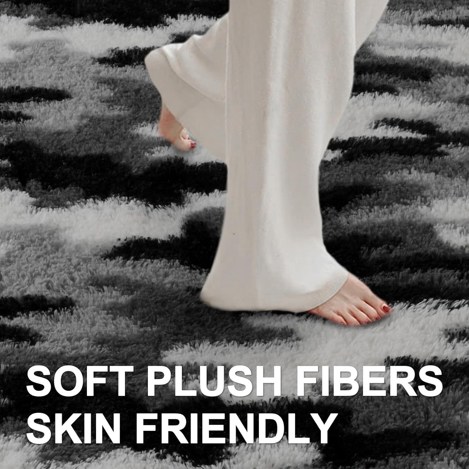 Fluffy Area Rugs Large Tie-Dye Gray Shaggy Soft Mat for Living & Bedroom Floor