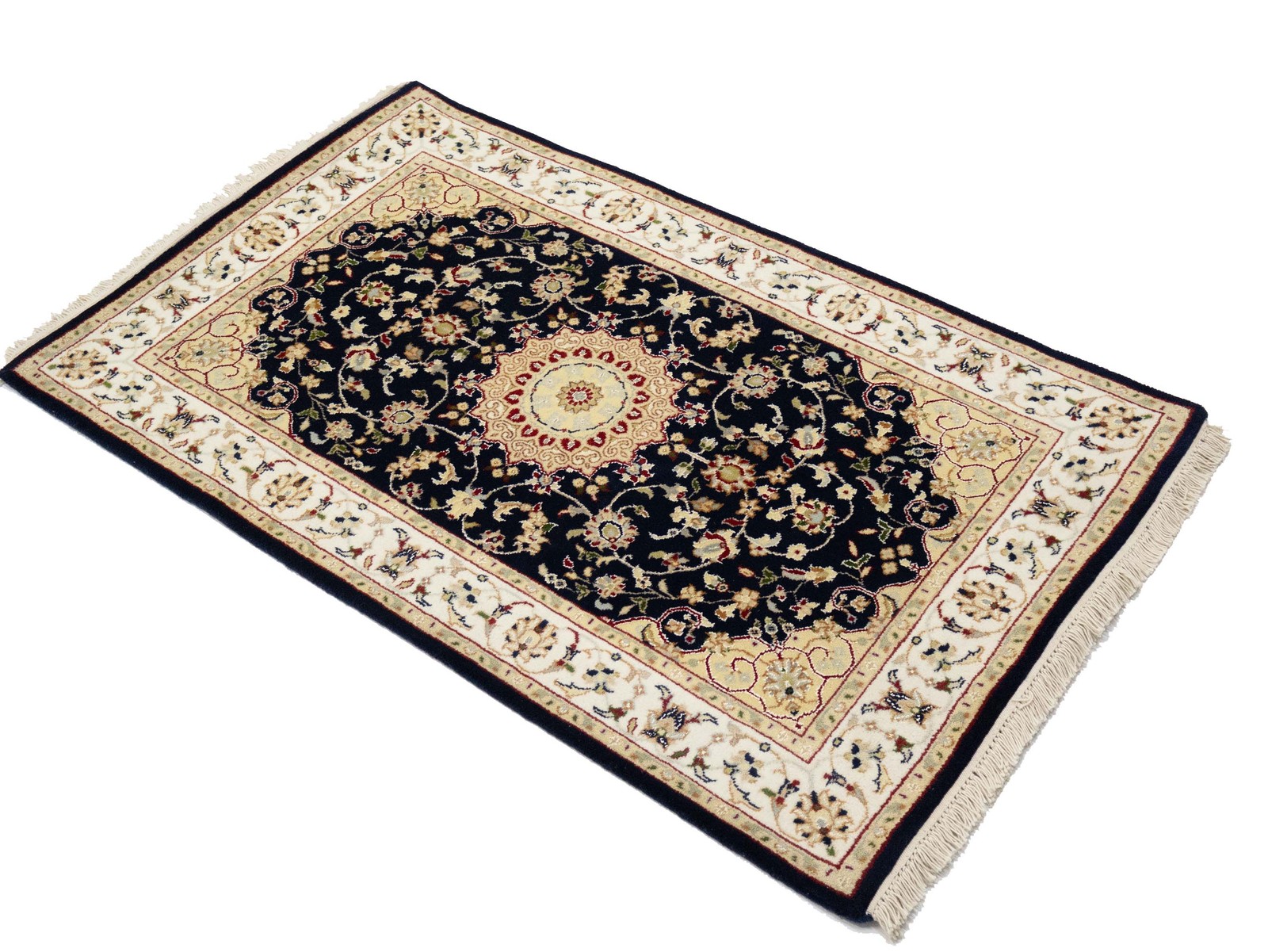 2’8X4’3 ft Indo-Nain Black Oriental Rug Floral Style Wool Carpet Home Decor